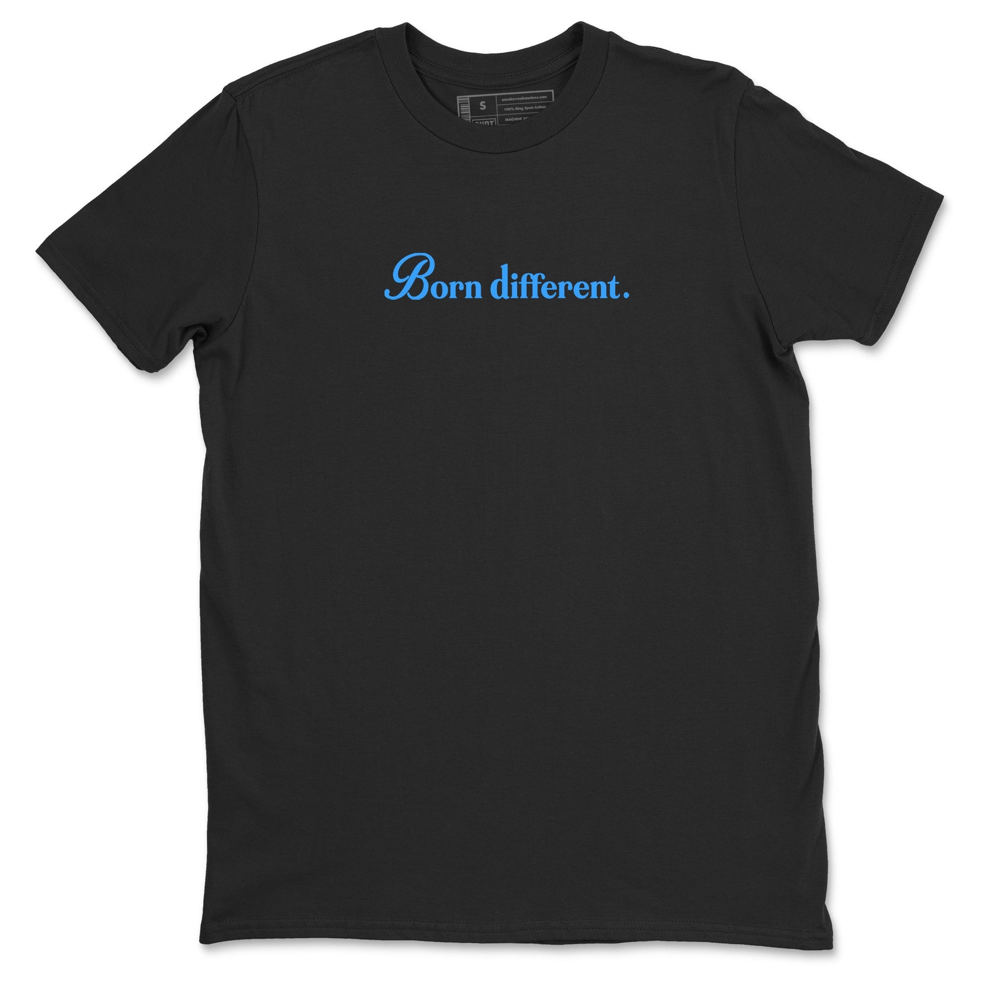 Born Different sneaker match t-shirt styled to complete your fit with the Air Jordan 12 White and University Blue sneakers, shown in Black 2.