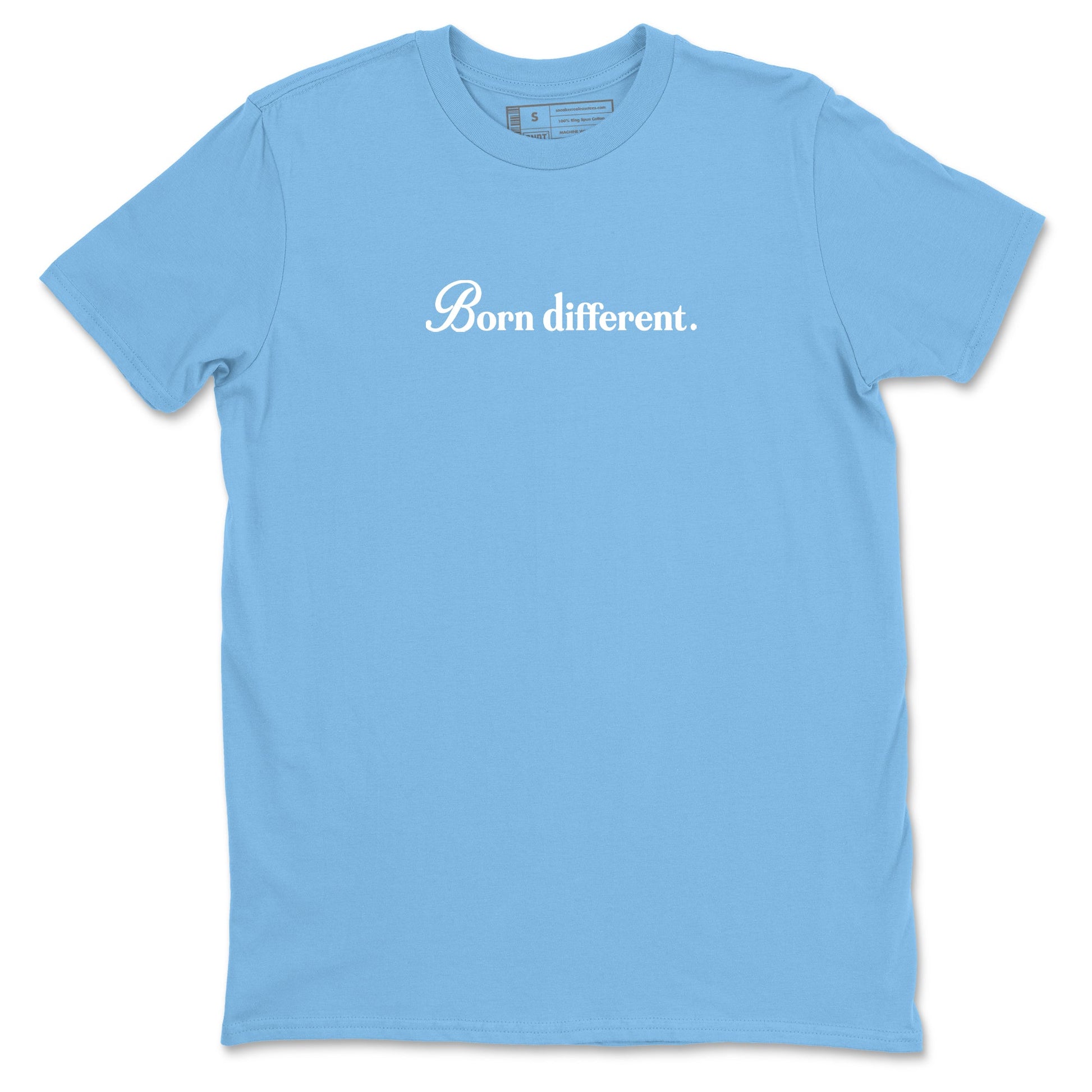 Born Different sneaker match t-shirt styled to complete your fit with the Air Jordan 12 White and University Blue sneakers, shown in Carolina Blue 2.