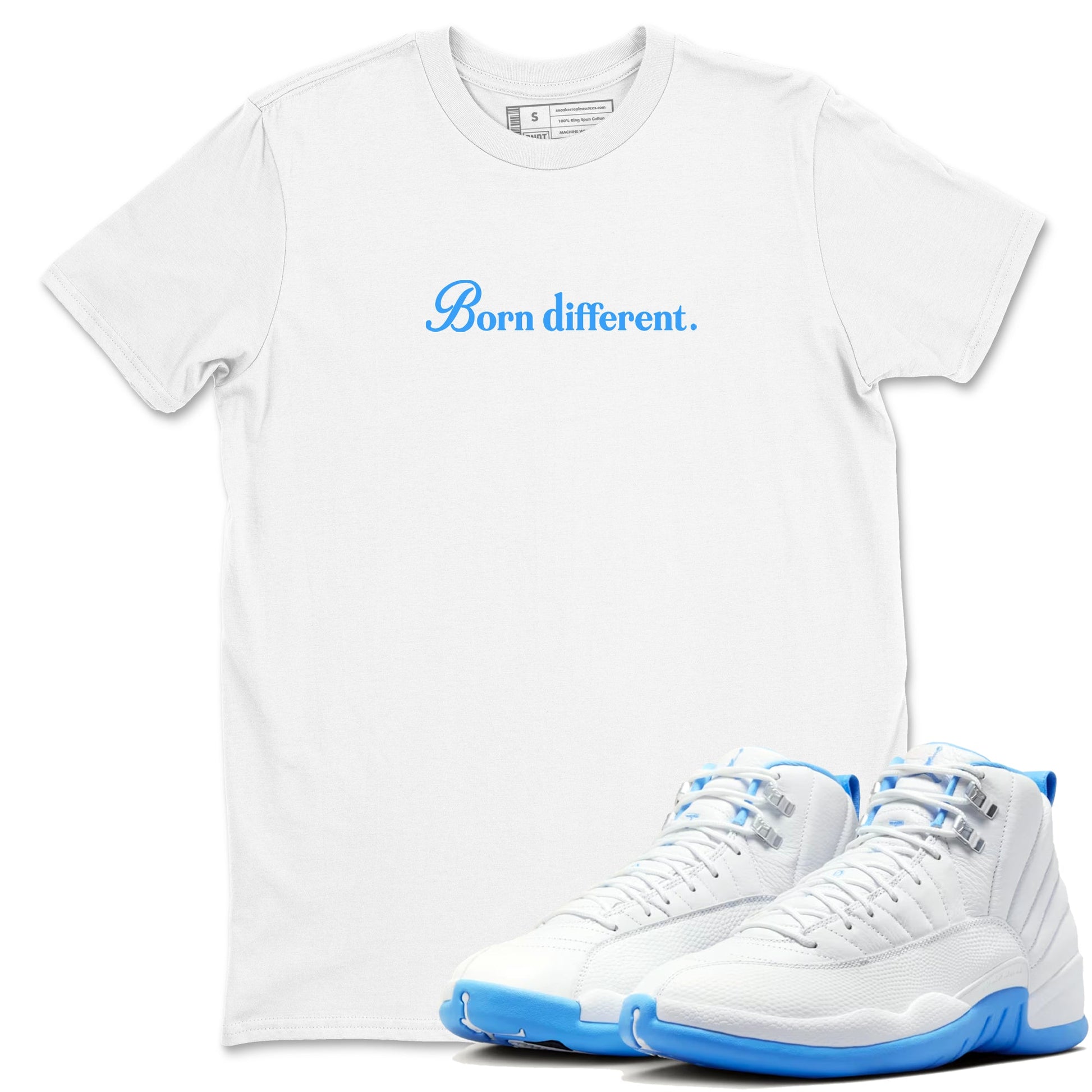 Born Different sneaker match t-shirt styled to complete your fit with the Air Jordan 12 White and University Blue sneakers, shown in White 1.