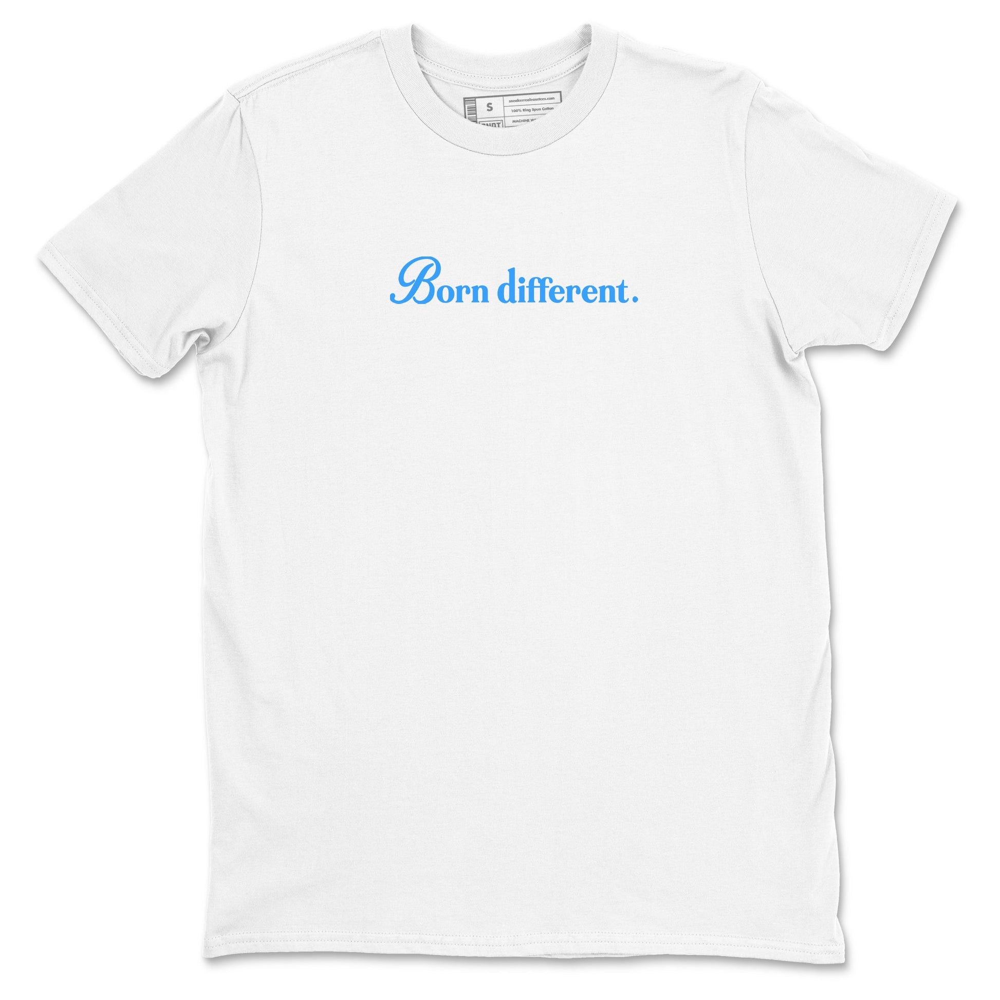 Born Different sneaker match t-shirt styled to complete your fit with the Air Jordan 12 White and University Blue sneakers, shown in White 2.