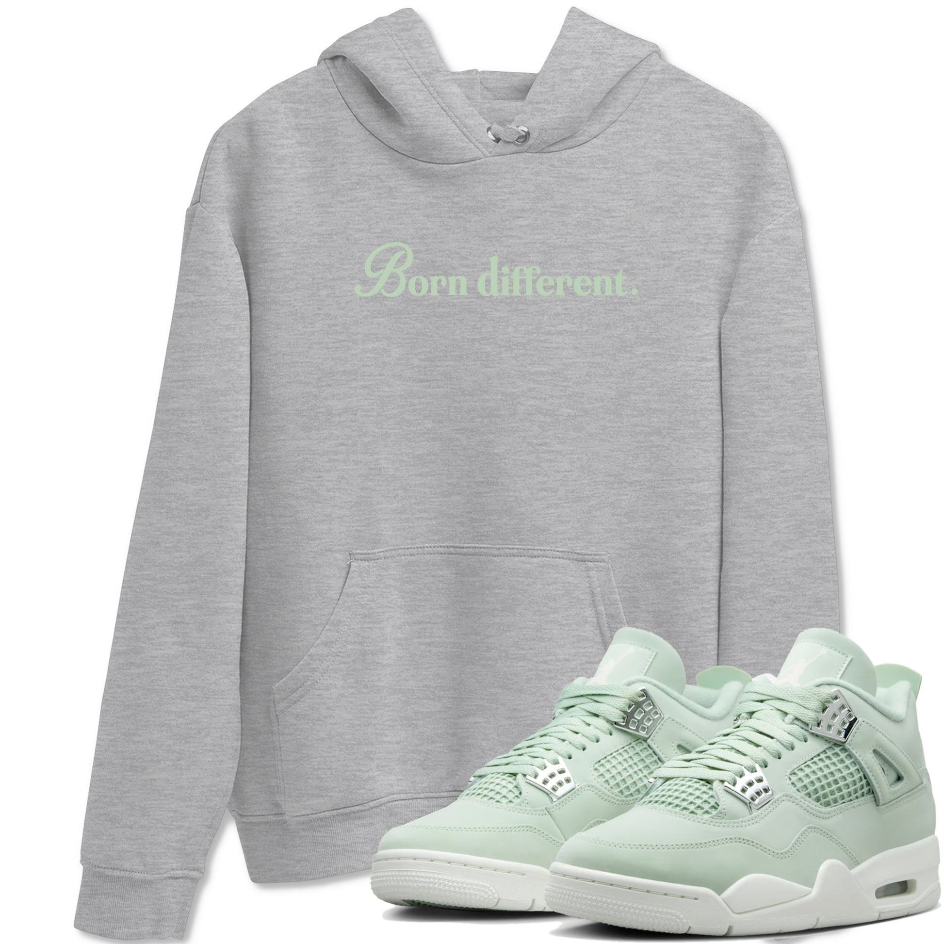 4s seafoam t-shirts to match jordans Born Different sneaker match tees Air Jordan 4 Abundance graphic tee for sneakerheads SNRT Sneaker Tees unisex cotton Heather Grey 1 shirts