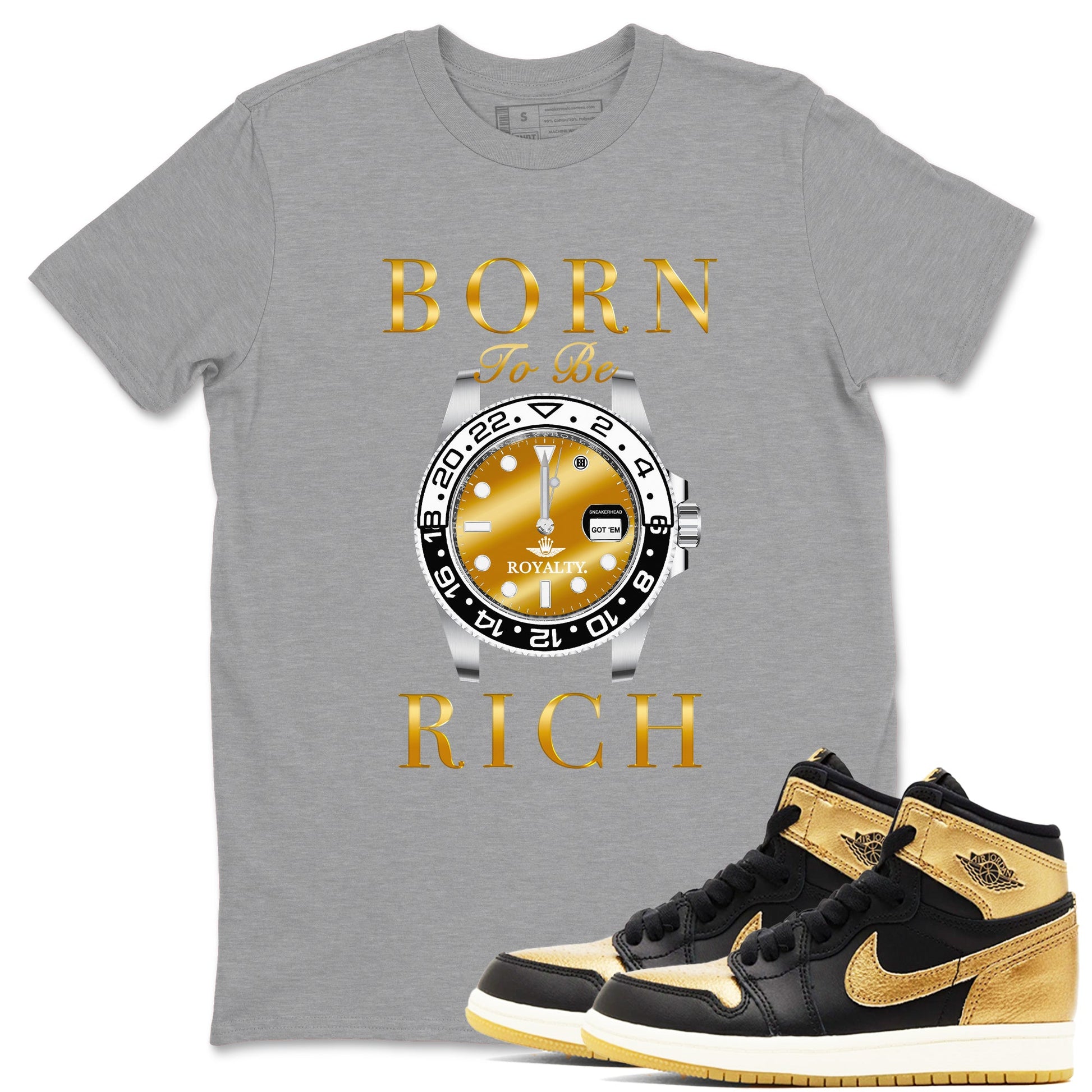 AJ1 Black Metallic Gold shirts to match jordans Born To Be Rich sneaker match tees Air Jordan 1 Black Metallic Gold SNRT Sneaker Tees streetwear brand Heather Grey 1 unisex cotton tee