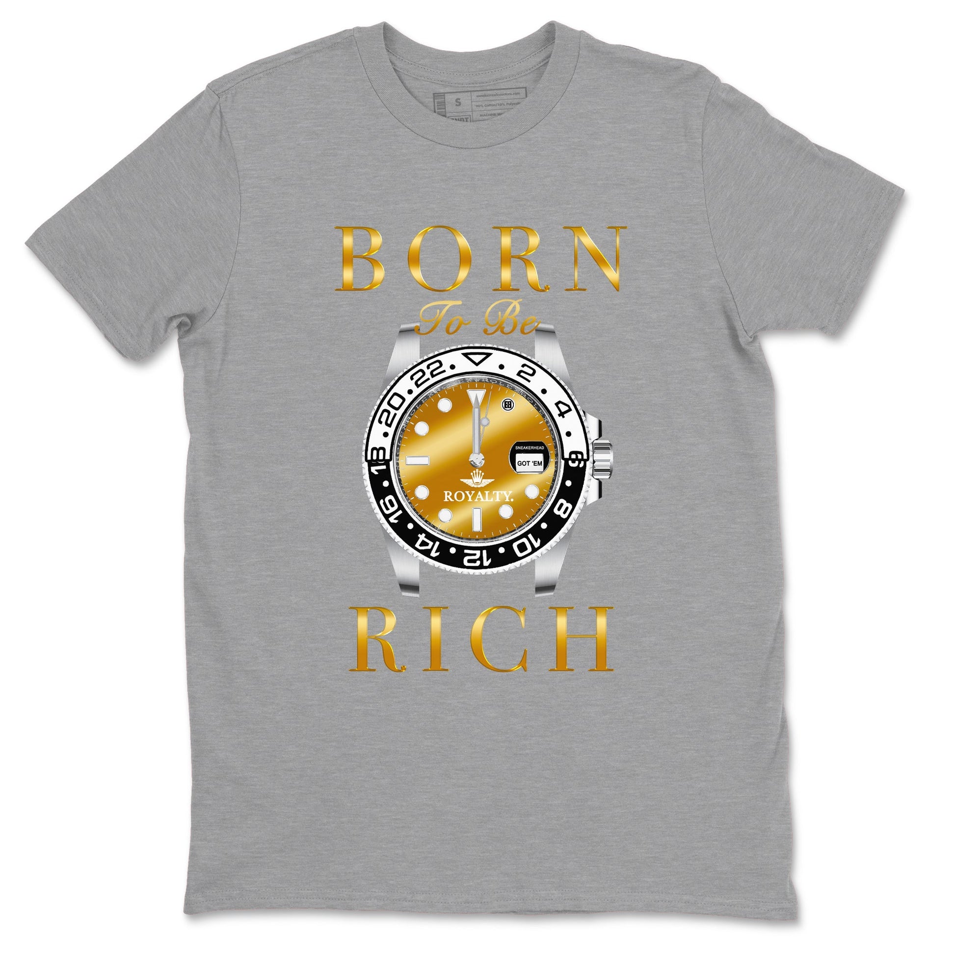 AJ1 Black Metallic Gold shirts to match jordans Born To Be Rich sneaker match tees Air Jordan 1 Black Metallic Gold SNRT Sneaker Tees streetwear brand Heather Grey 2 unisex cotton tee