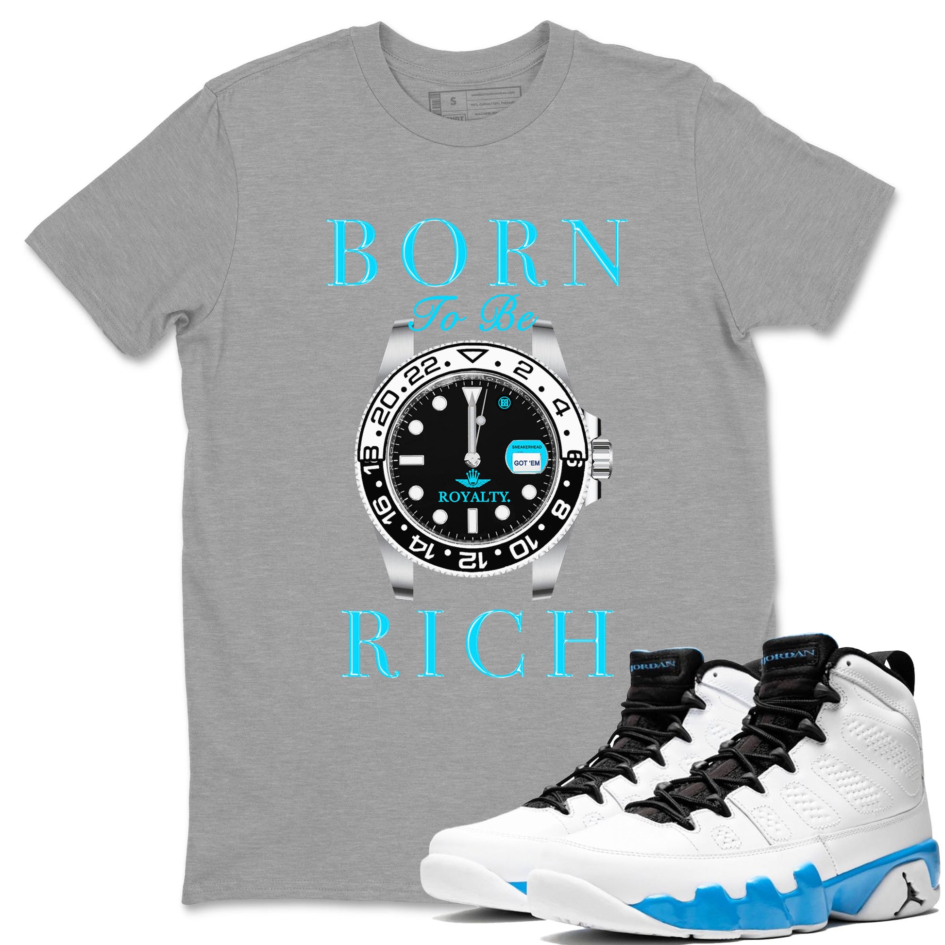 AJ9 Powder Blue shirt to match jordans Born To Be Rich sneaker tees Air Jordan 9 Retro Powder Blue SNRT Sneaker Release Tees unisex cotton Heather Grey 1 crew neck shirt