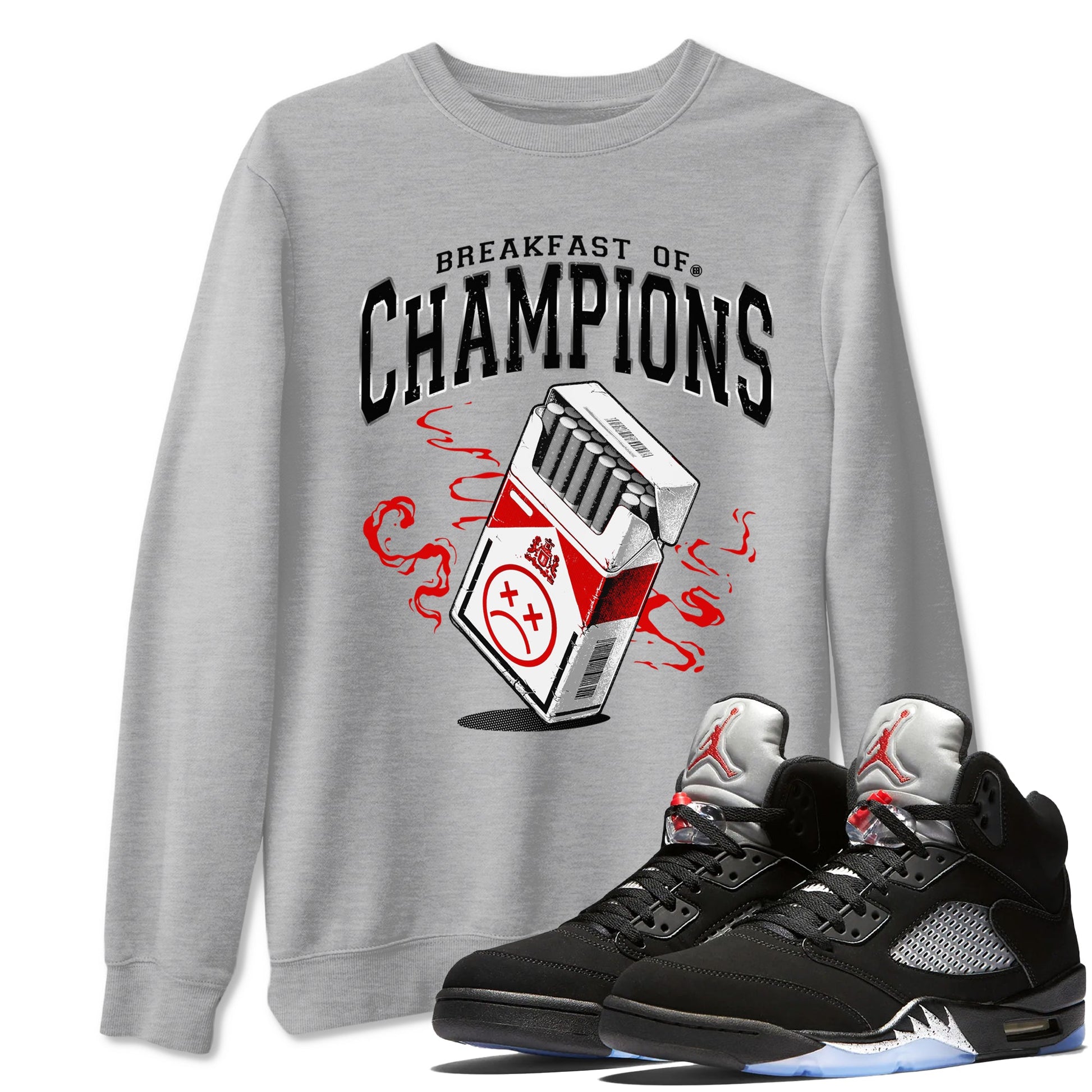 5s Black Metallic Reimagined shirts to match jordans Breakfast Of Champions best t shirts to wear with jordans AJ5 Retro OG Reimagined match shoes to clothes SNRT Sneaker Tees unisex cotton Heather Grey 1 shirts