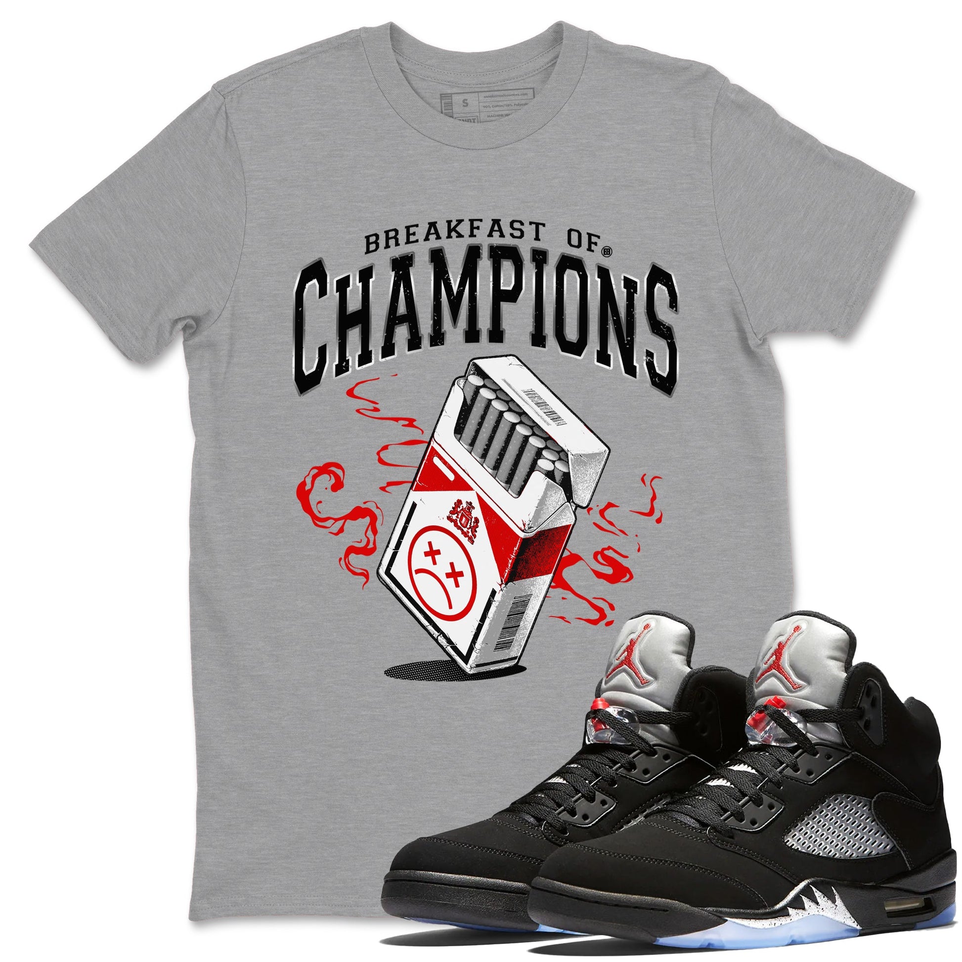 5s Black Metallic Reimagined shirts to match jordans Breakfast Of Champions best t shirts to wear with jordans AJ5 Retro OG Reimagined match shoes to clothes SNRT Sneaker Tees unisex cotton Heather Grey 1 shirts