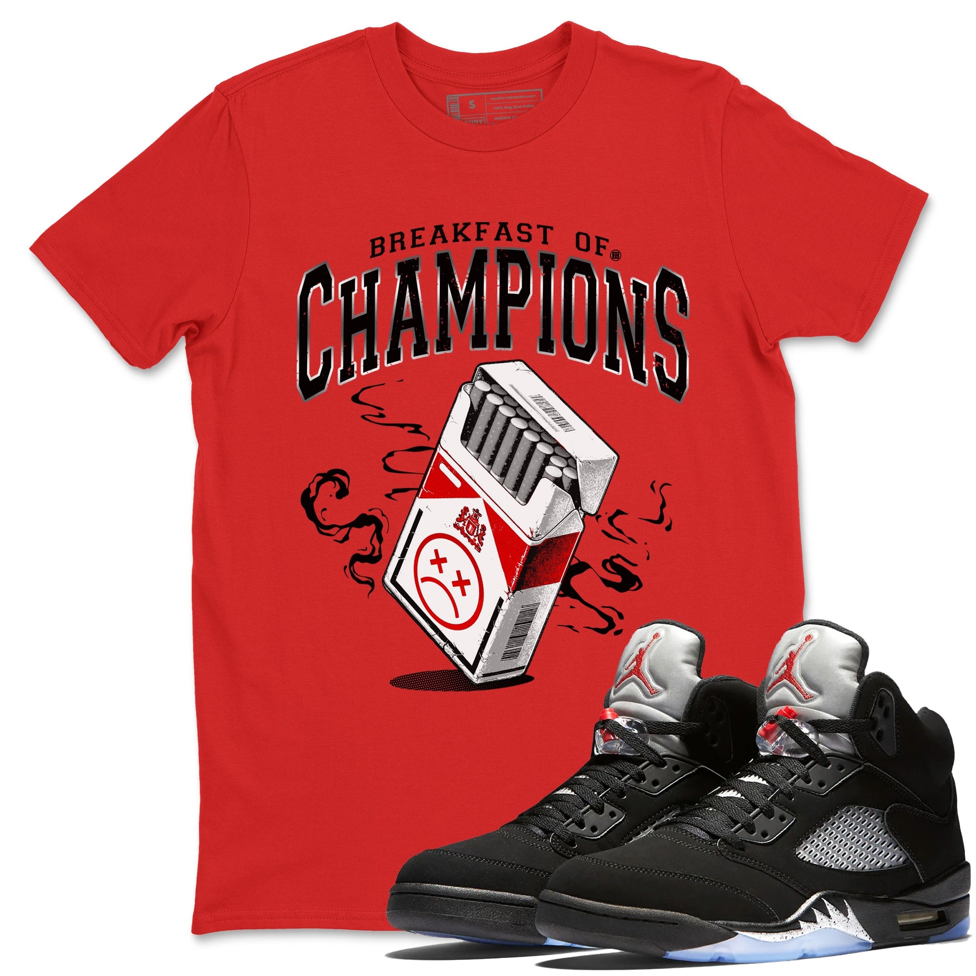 5s Black Metallic Reimagined shirts to match jordans Breakfast Of Champions best t shirts to wear with jordans AJ5 Retro OG Reimagined match shoes to clothes SNRT Sneaker Tees unisex cotton Red 1 shirts