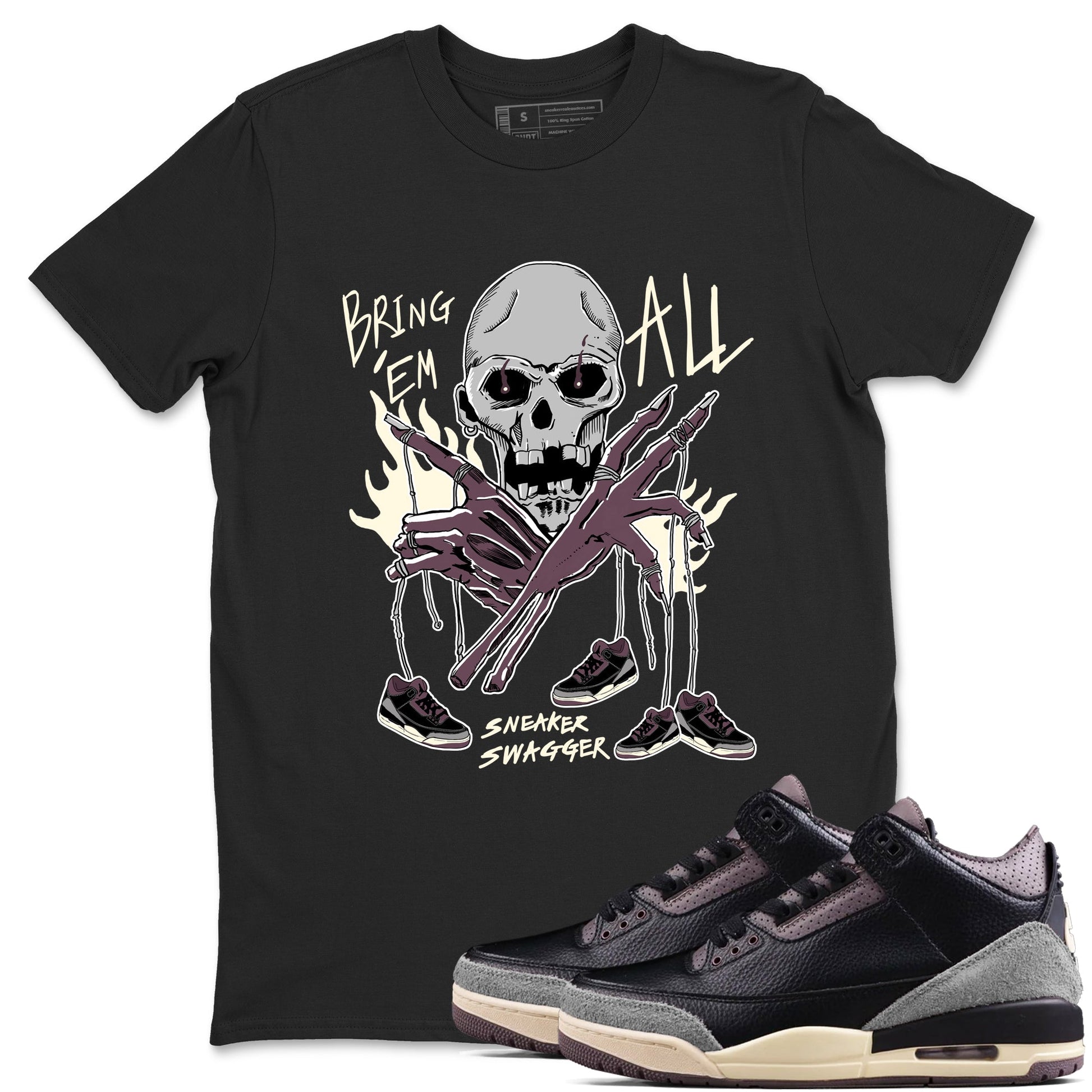 AJ3 A Ma Maniere x Black shirts to match jordans Bring 'Em All unique Halloween sneaker tee A Ma Maniere x Air Jordan 3 _lack SNRT Sneaker Tees streetwear brand Black 1 unisex cotton tee