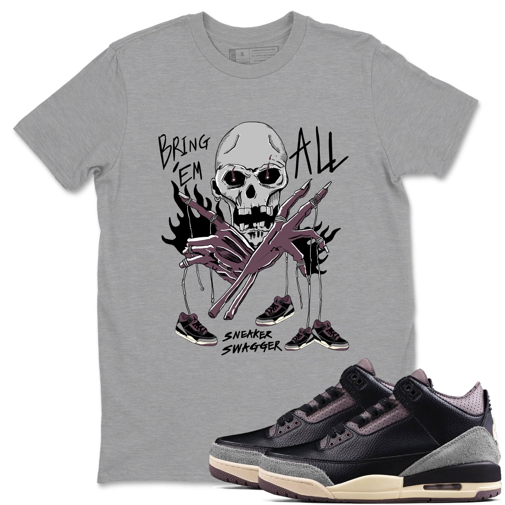 AJ3 A Ma Maniere x Black shirts to match jordans Bring 'Em All unique Halloween sneaker tee A Ma Maniere x Air Jordan 3 _lack SNRT Sneaker Tees streetwear brand Heather Grey 1 unisex cotton tee