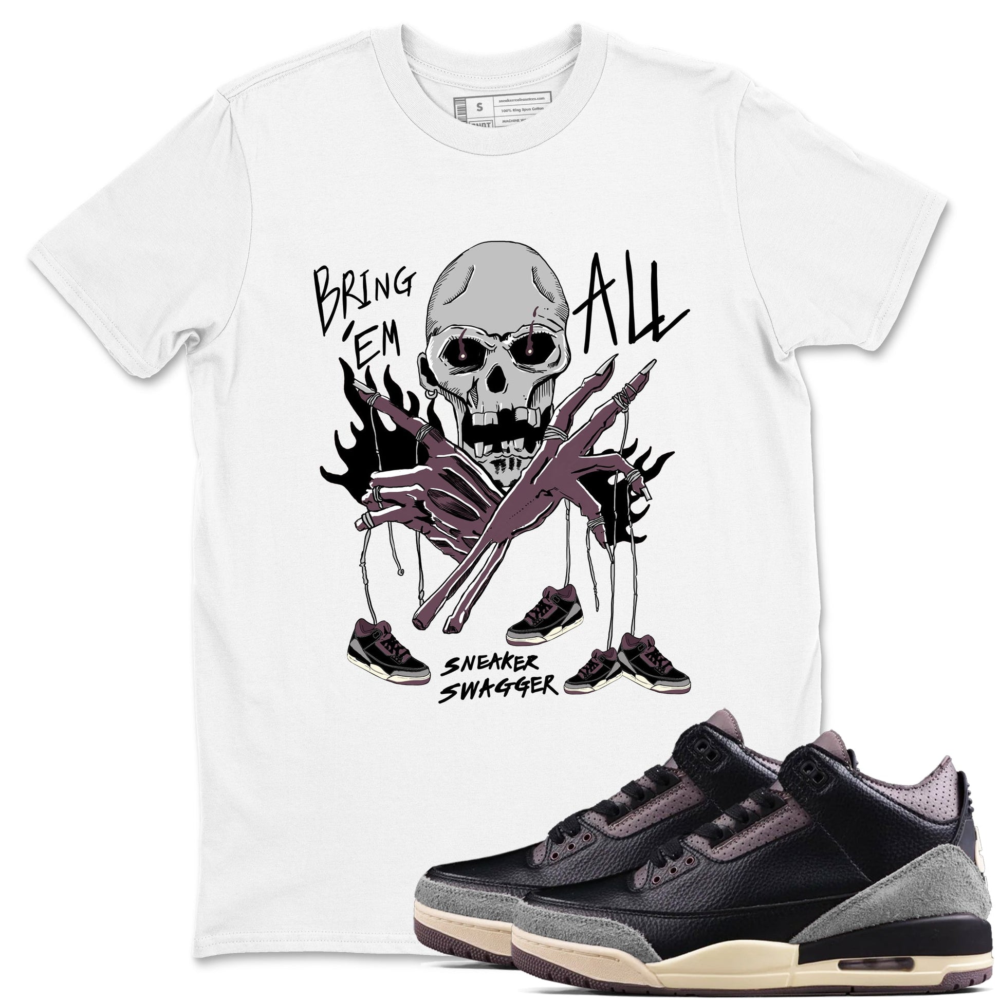 AJ3 A Ma Maniere x Black shirts to match jordans Bring 'Em All unique Halloween sneaker tee A Ma Maniere x Air Jordan 3 _lack SNRT Sneaker Tees streetwear brand White 1 unisex cotton tee