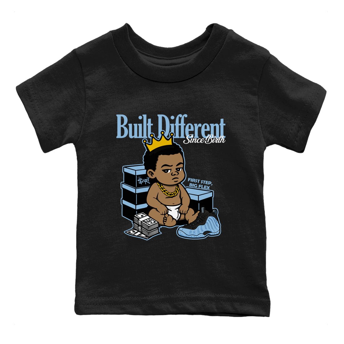 Built Different Since Birth baby and kids t-shirt crafted for little sneakerheads to shine with the Air Foamposite One Psychic Blue sneakers, displayed in Black 2.