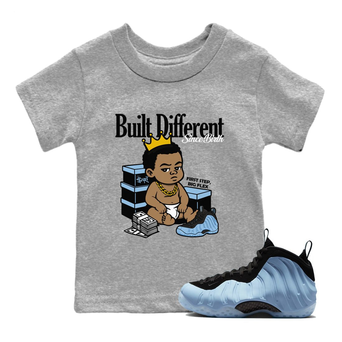 Built Different Since Birth baby and kids t-shirt crafted for little sneakerheads to shine with the Air Foamposite One Psychic Blue sneakers, displayed in Heather Grey 1.