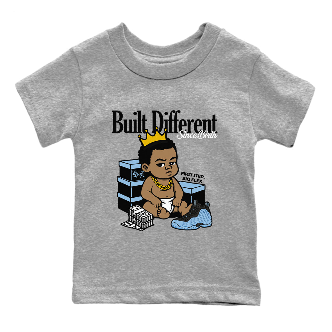 Built Different Since Birth baby and kids t-shirt crafted for little sneakerheads to shine with the Air Foamposite One Psychic Blue sneakers, displayed in Heather Grey 2.