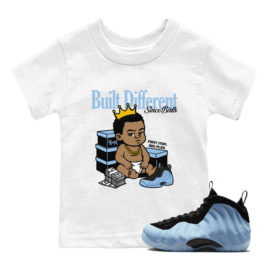 Built Different Since Birth baby and kids t-shirt crafted for little sneakerheads to shine with the Air Foamposite One Psychic Blue sneakers, displayed in White 1.
