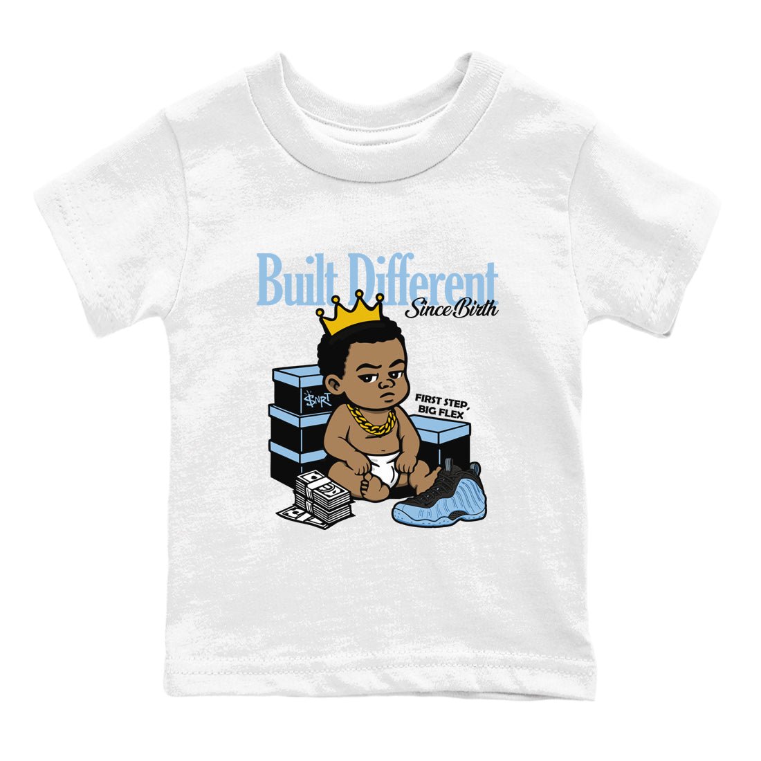 Built Different Since Birth baby and kids t-shirt crafted for little sneakerheads to shine with the Air Foamposite One Psychic Blue sneakers, displayed in White 2.