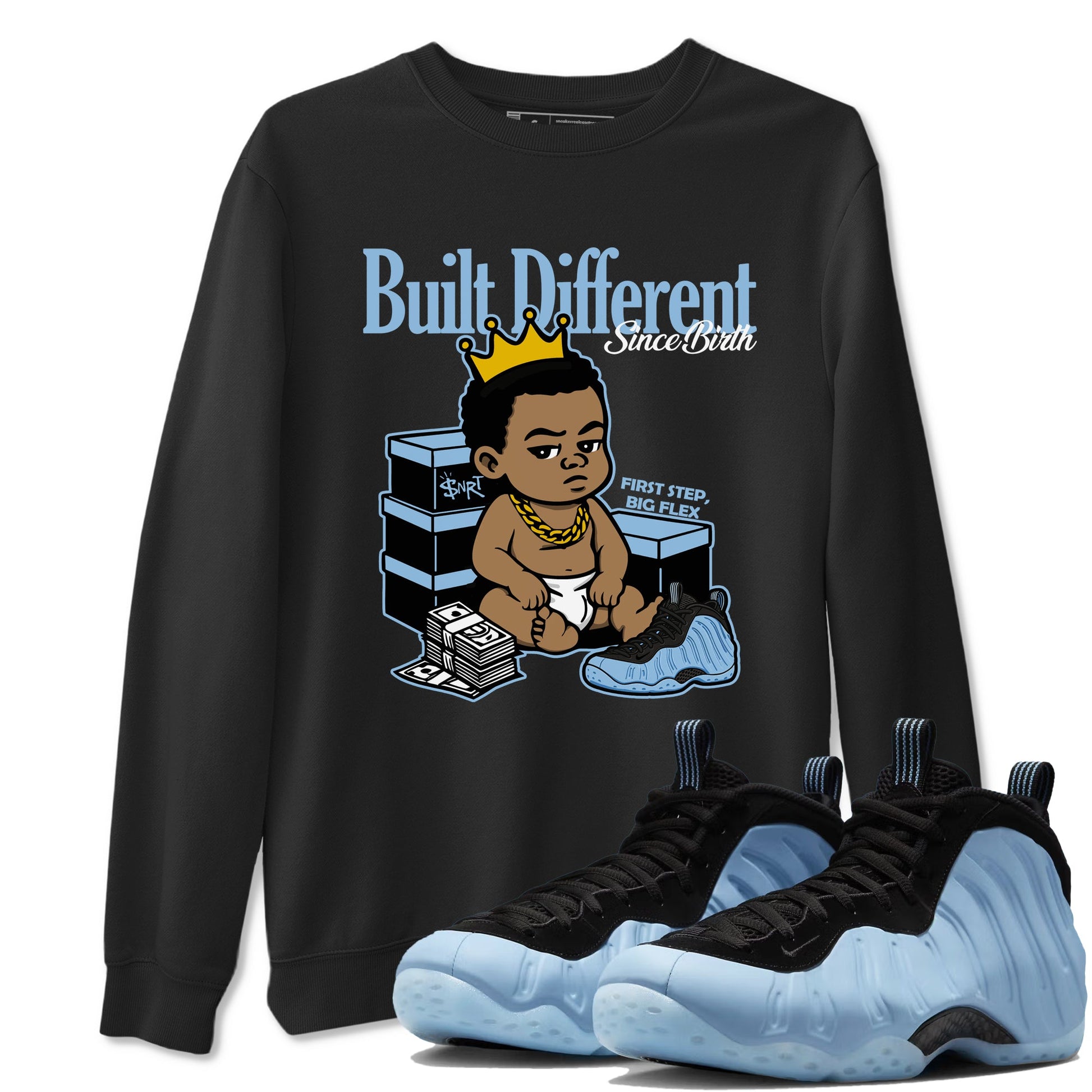 Built Different Since Birth sneaker match t-shirt styled to complete your fit with the Air Foamposite One Psychic Blue sneakers, shown in Black 1.