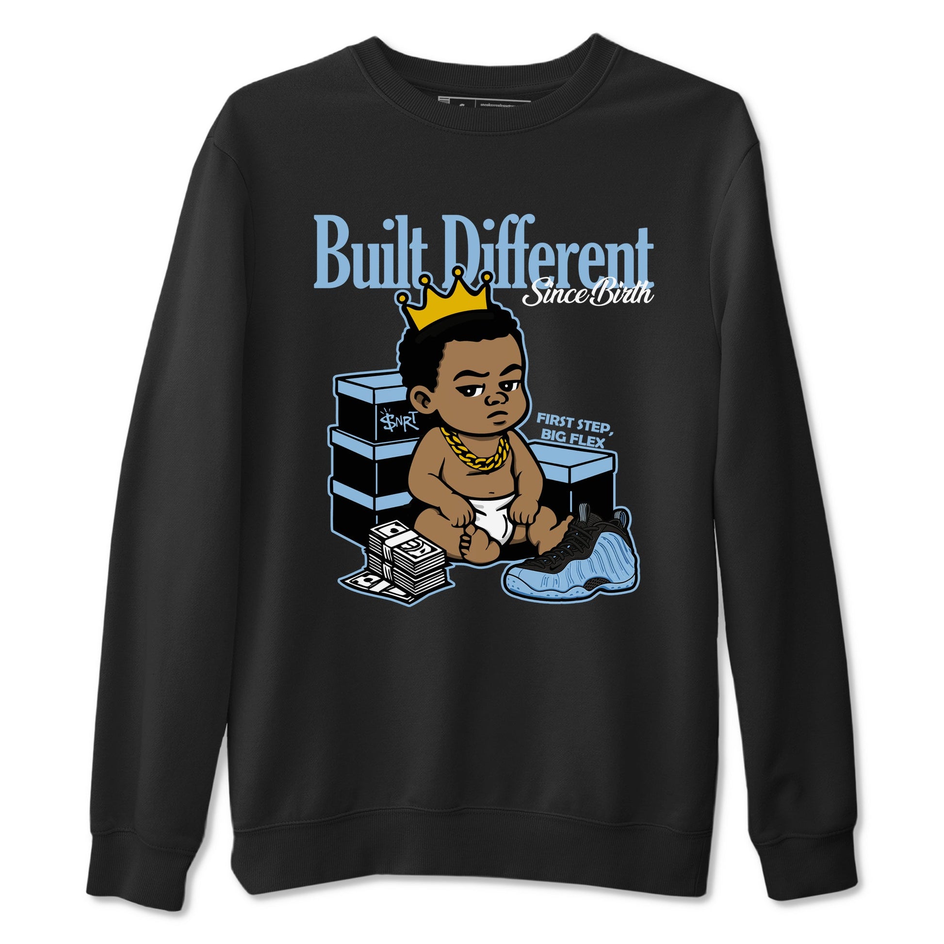 Built Different Since Birth sneaker match t-shirt styled to complete your fit with the Air Foamposite One Psychic Blue sneakers, shown in Black 2.