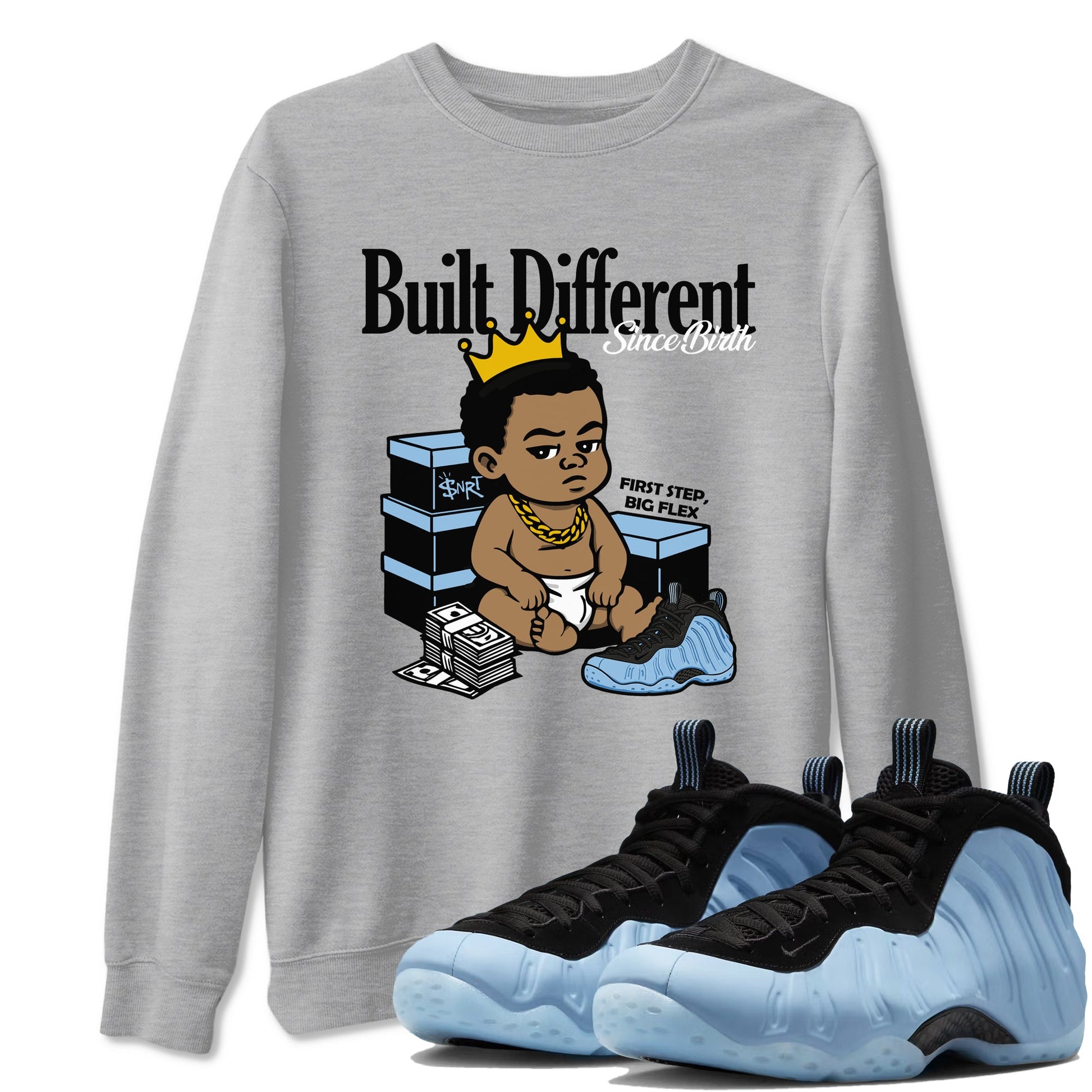 Built Different Since Birth sneaker match t-shirt styled to complete your fit with the Air Foamposite One Psychic Blue sneakers, shown in Heather Grey 1.