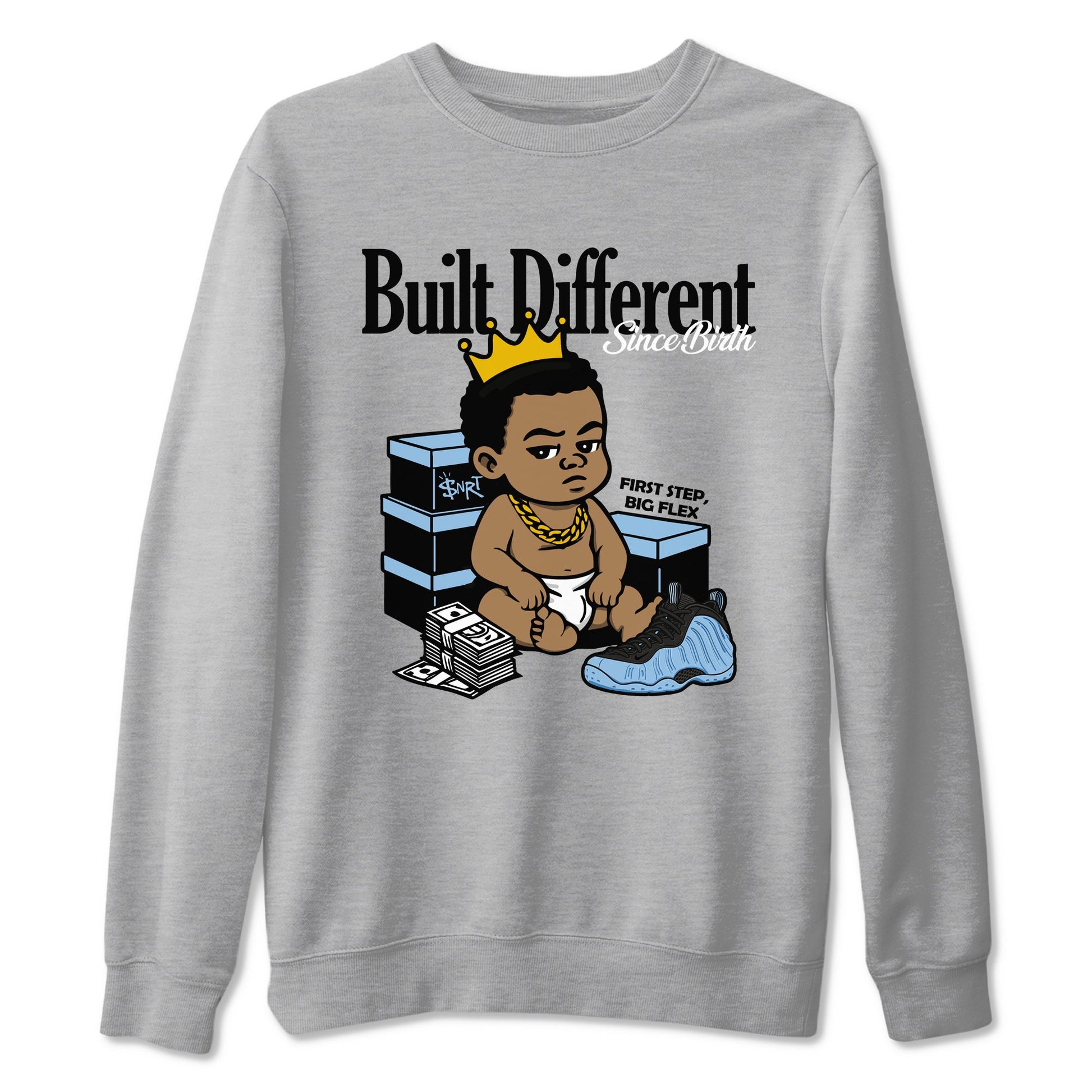 Built Different Since Birth sneaker match t-shirt styled to complete your fit with the Air Foamposite One Psychic Blue sneakers, shown in Heather Grey 2.
