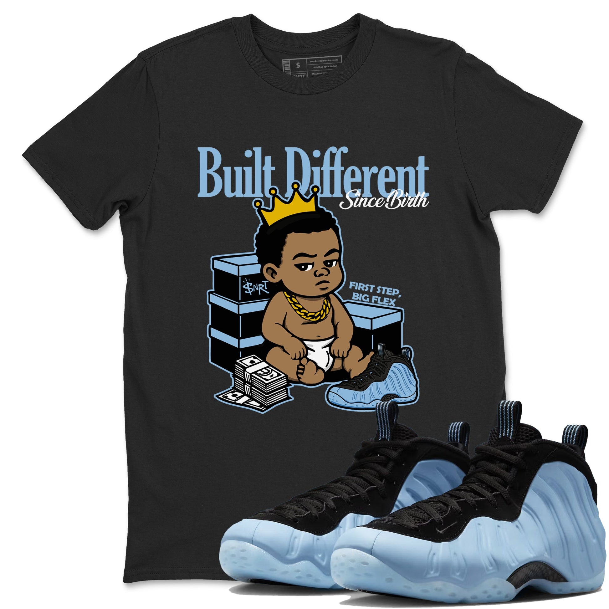 Built Different Since Birth sneaker match t-shirt styled to complete your fit with the Air Foamposite One Psychic Blue sneakers, shown in Black 1.