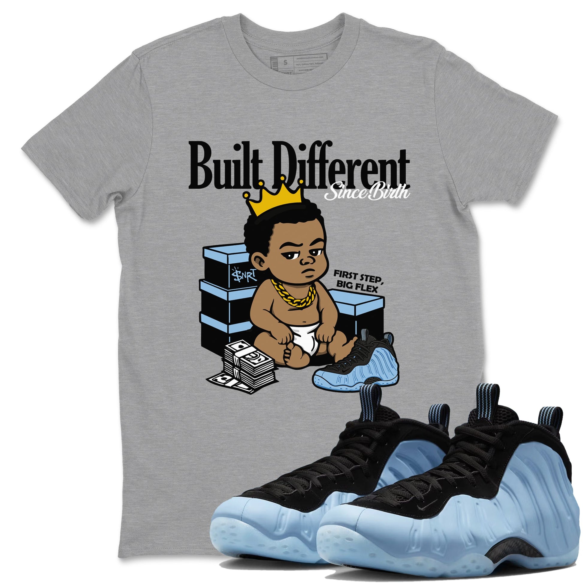 Built Different Since Birth sneaker match t-shirt styled to complete your fit with the Air Foamposite One Psychic Blue sneakers, shown in Heather Grey 1.