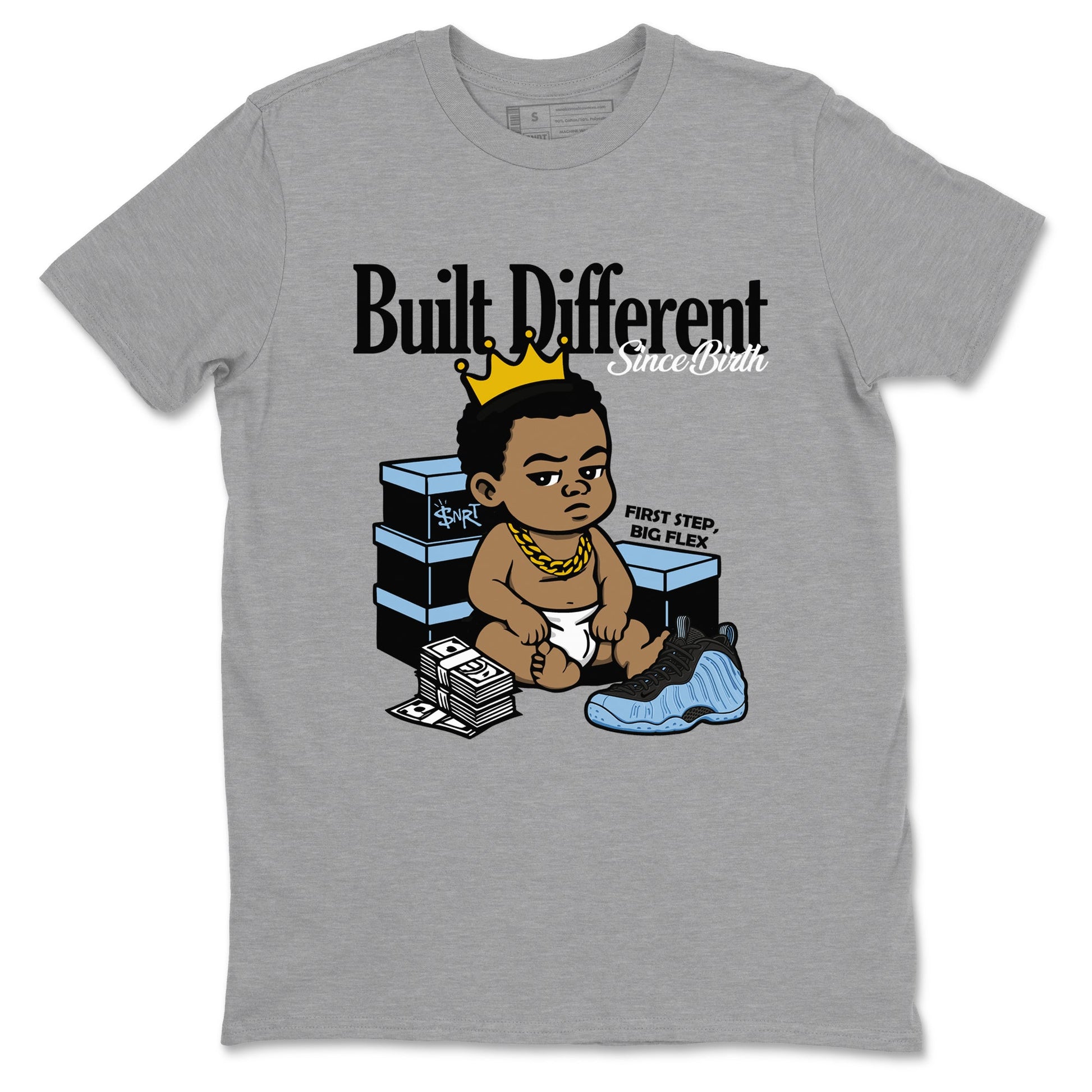 Built Different Since Birth sneaker match t-shirt styled to complete your fit with the Air Foamposite One Psychic Blue sneakers, shown in Heather Grey 2.