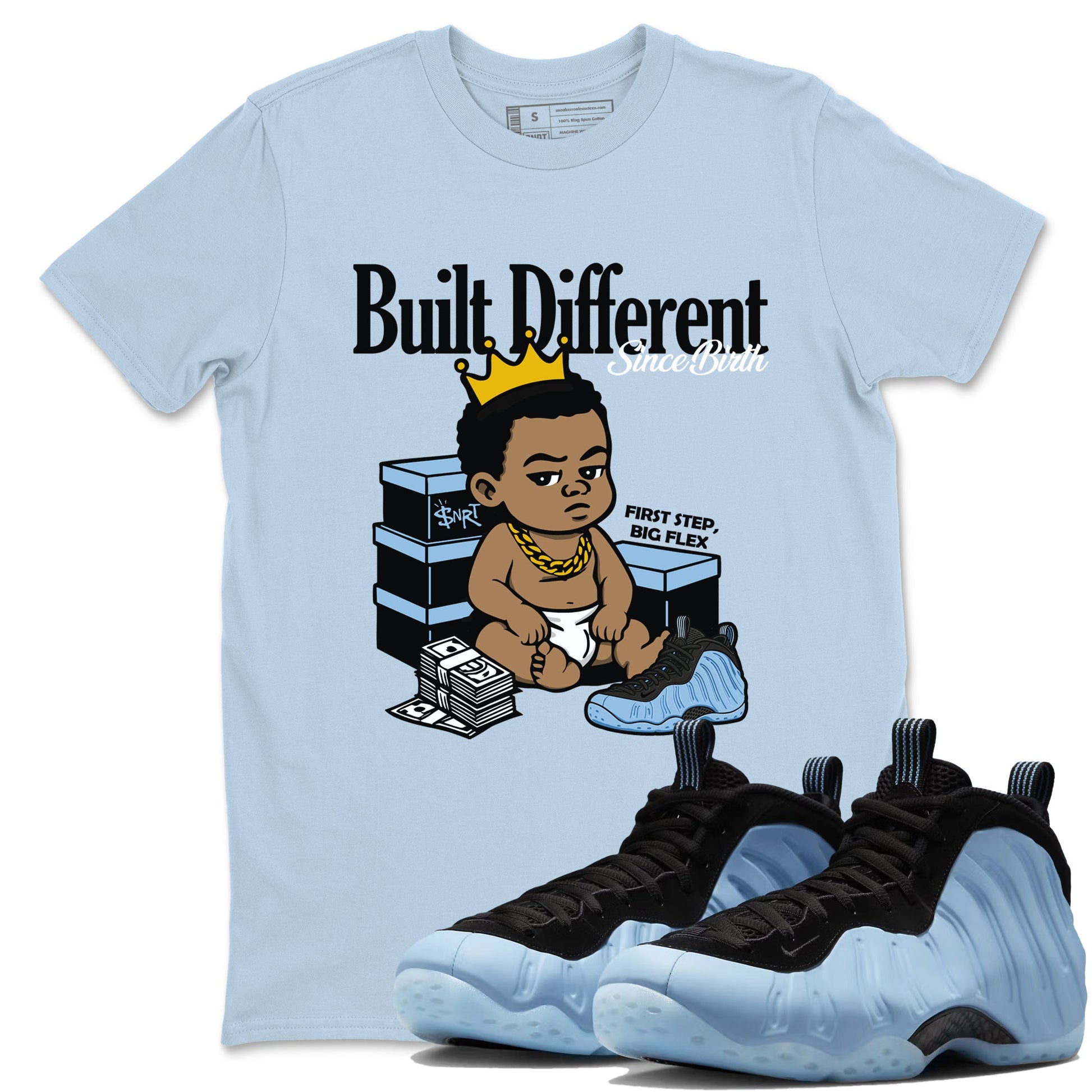 Built Different Since Birth sneaker match t-shirt styled to complete your fit with the Air Foamposite One Psychic Blue sneakers, shown in Light Blue 1.
