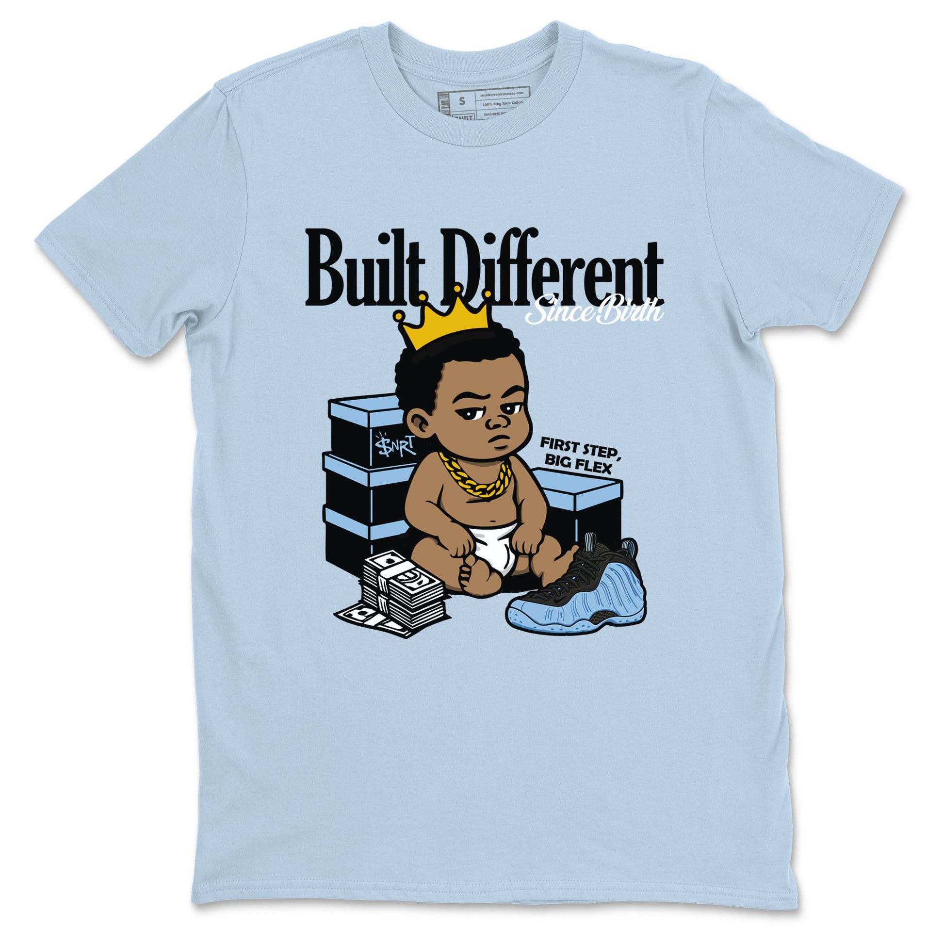Built Different Since Birth sneaker match t-shirt styled to complete your fit with the Air Foamposite One Psychic Blue sneakers, shown in Light Blue 2.