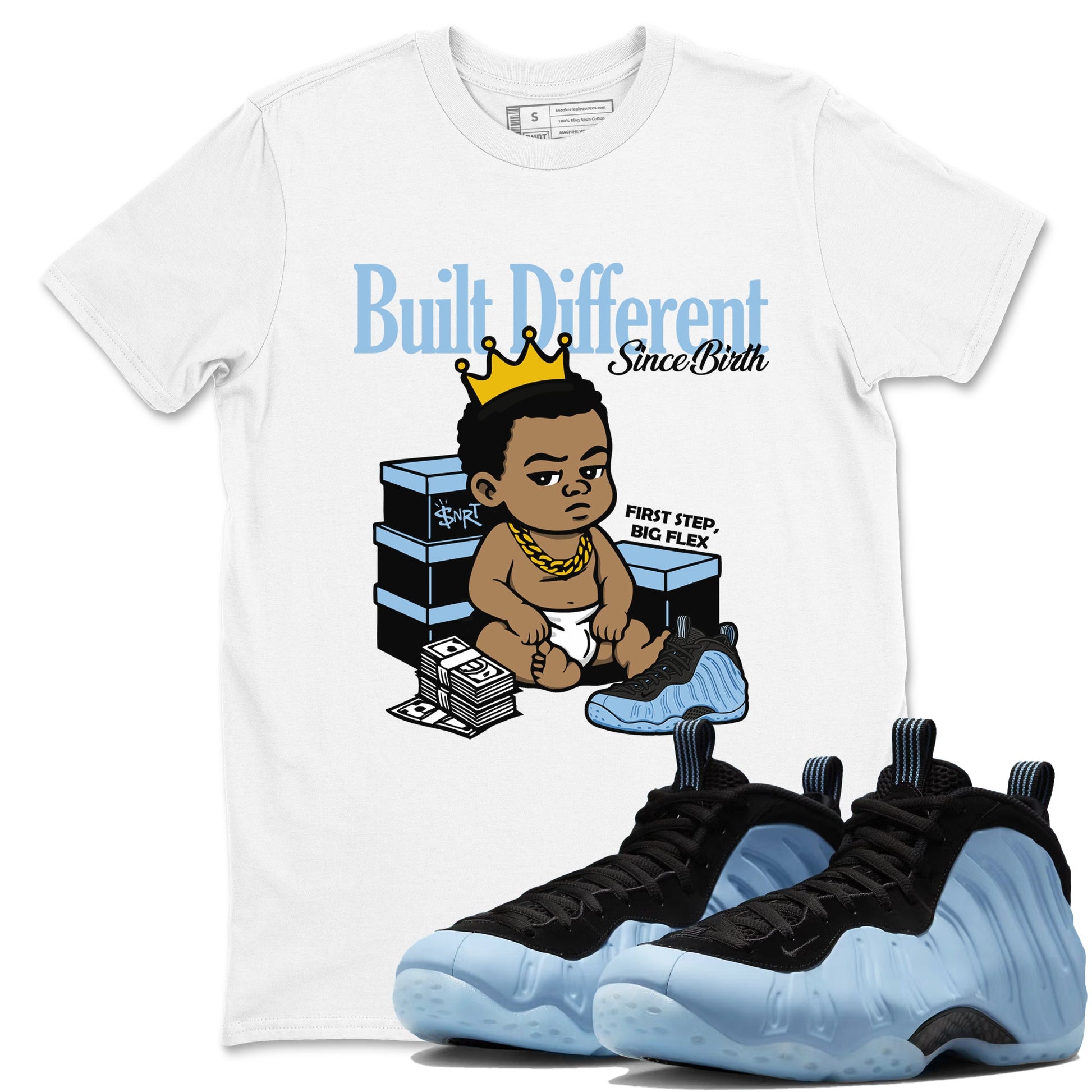 Built Different Since Birth sneaker match t-shirt styled to complete your fit with the Air Foamposite One Psychic Blue sneakers, shown in White 1.
