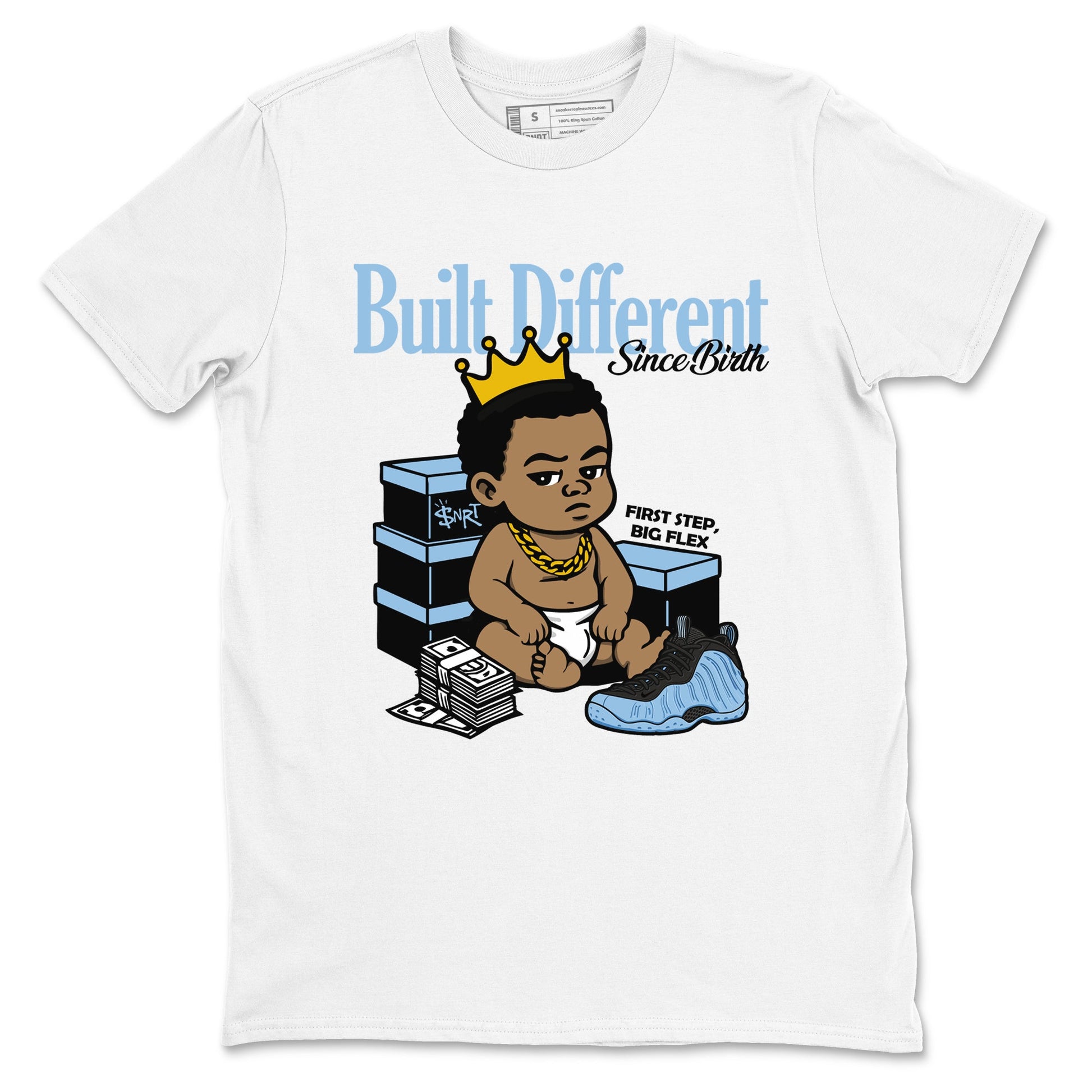 Built Different Since Birth sneaker match t-shirt styled to complete your fit with the Air Foamposite One Psychic Blue sneakers, shown in White 2.