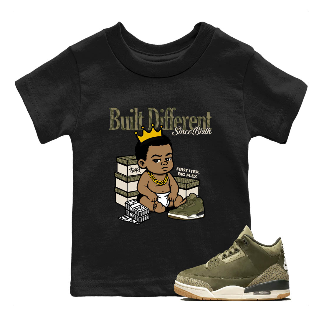 Sneaker Threads – Sneaker Tees To Match Air Jordan 3 Medium Olive – Built Different Since Birth Youth Graphic Tee Black 1. Perfect for Jordan releases 2025 colorways.