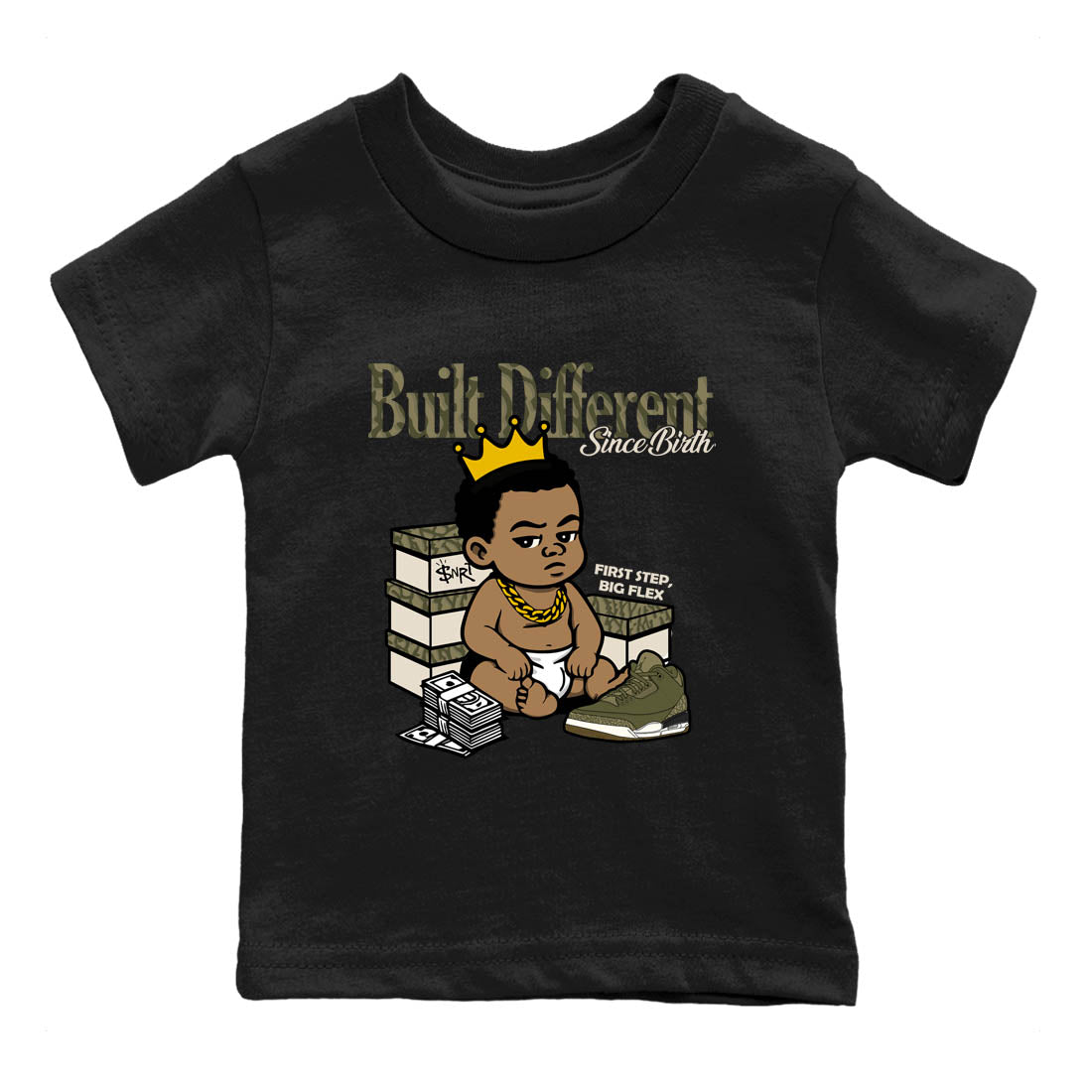 Sneaker Threads – Sneaker Tees To Match Air Jordan 3 Medium Olive – Built Different Since Birth Youth Graphic Tee Black 2. Perfect for Jordan releases 2025 colorways.
