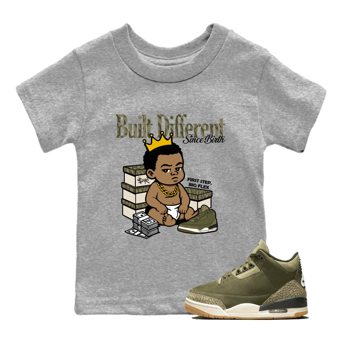 Sneaker Threads – Sneaker Tees To Match Air Jordan 3 Medium Olive – Built Different Since Birth Youth Graphic Tee Heather Grey 1. Perfect for Jordan releases 2025 colorways.