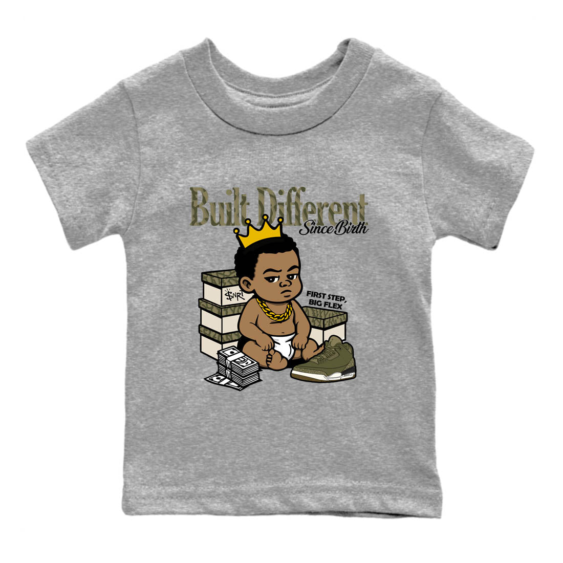 Sneaker Threads – Sneaker Tees To Match Air Jordan 3 Medium Olive – Built Different Since Birth Youth Graphic Tee Heather Grey 2. Perfect for Jordan releases 2025 colorways.