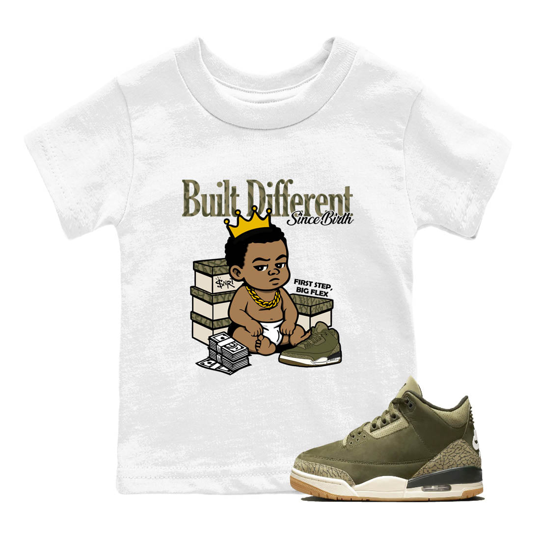 Sneaker Threads – Sneaker Tees To Match Air Jordan 3 Medium Olive – Built Different Since Birth Youth Graphic Tee White 1. Perfect for Jordan releases 2025 colorways.