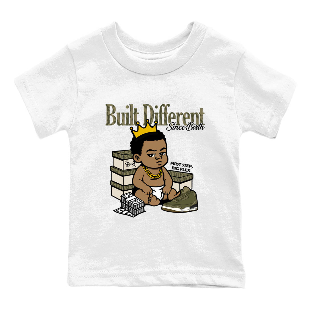 Sneaker Threads – Sneaker Tees To Match Air Jordan 3 Medium Olive – Built Different Since Birth Youth Graphic Tee White 2. Perfect for Jordan releases 2025 colorways.