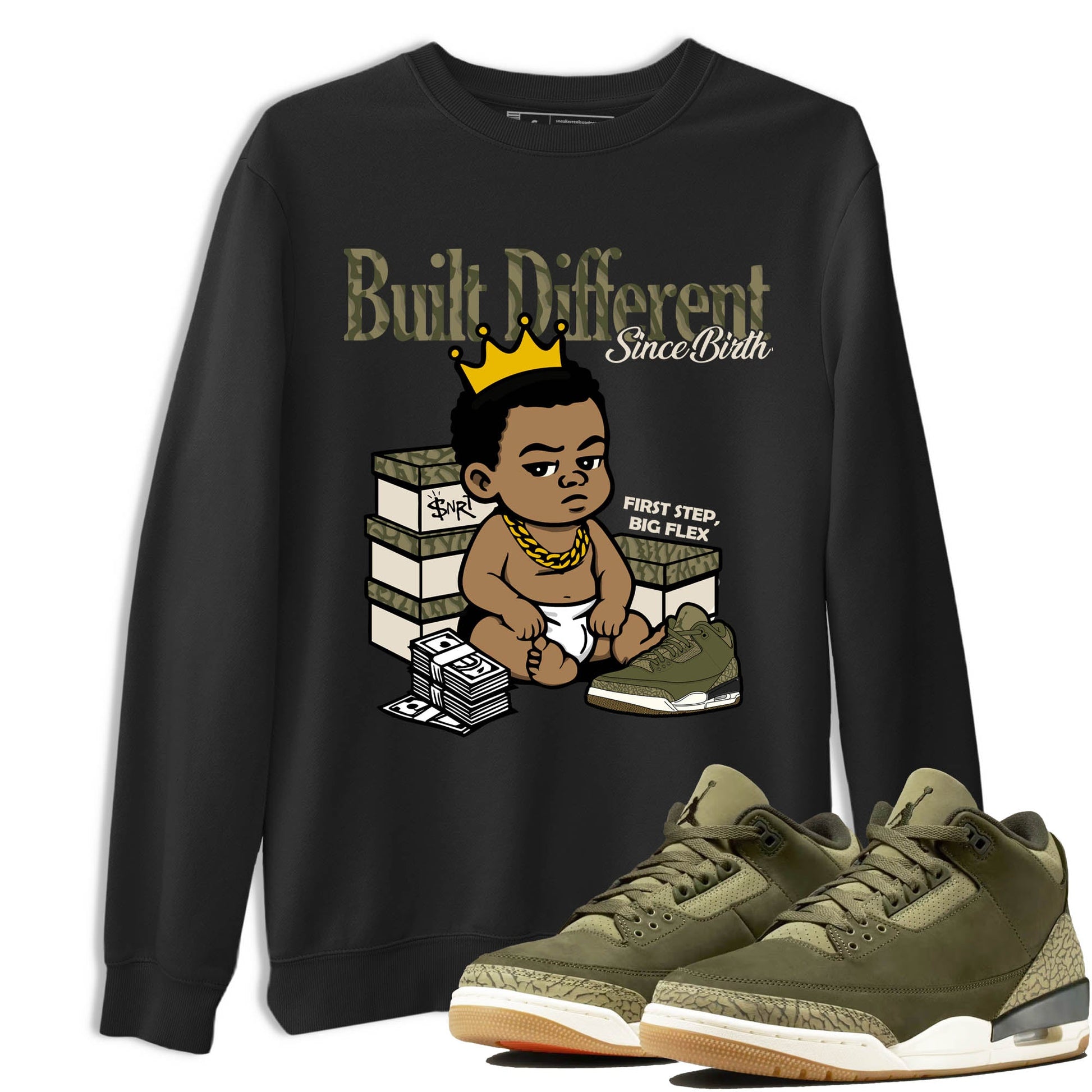 Sneaker Threads – Sneaker Tees To Match Air Jordan 3 Medium Olive – Built Different Since Birth Graphic Tee Black 1. Perfect for Jordan releases 2025 colorways.