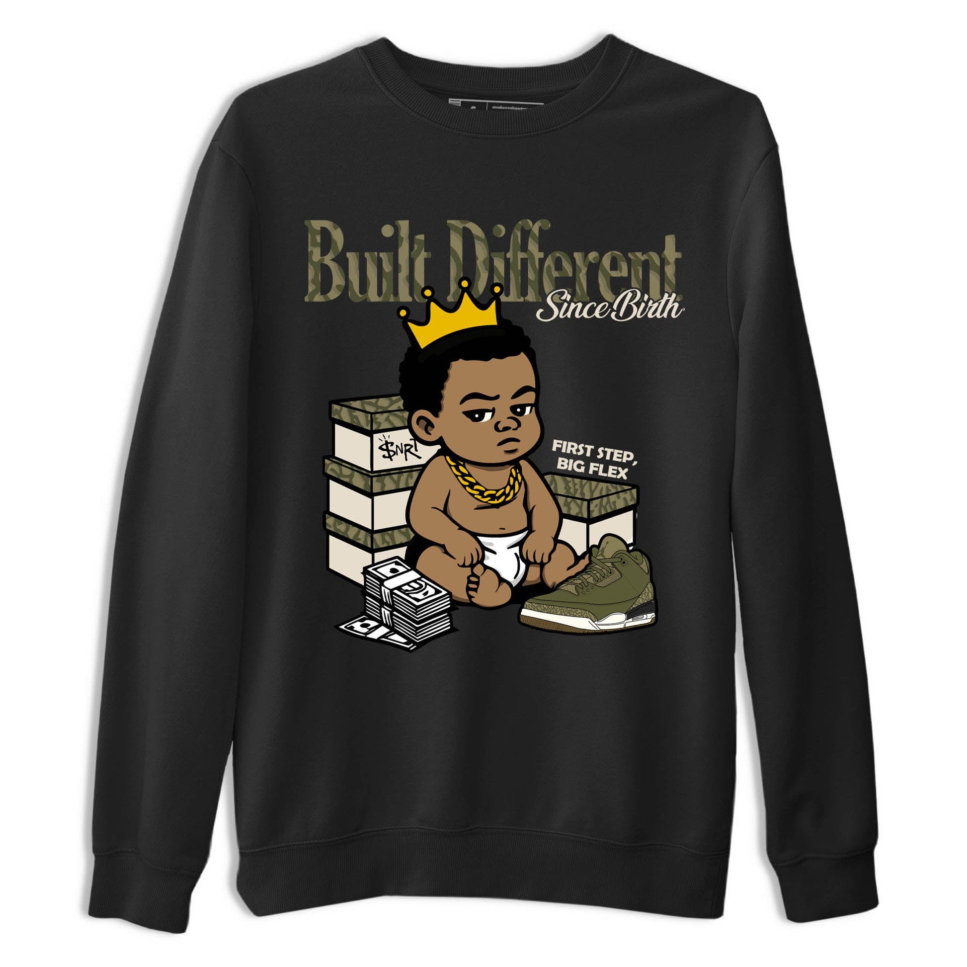 Sneaker Threads – Sneaker Tees To Match Air Jordan 3 Medium Olive – Built Different Since Birth Graphic Tee Black 2. Perfect for Jordan releases 2025 colorways.