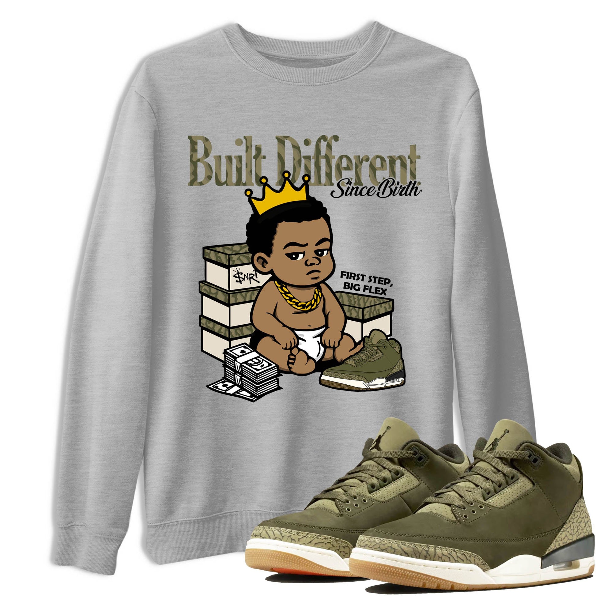 Sneaker Threads – Sneaker Tees To Match Air Jordan 3 Medium Olive – Built Different Since Birth Graphic Tee Heather Grey 1. Perfect for Jordan releases 2025 colorways.