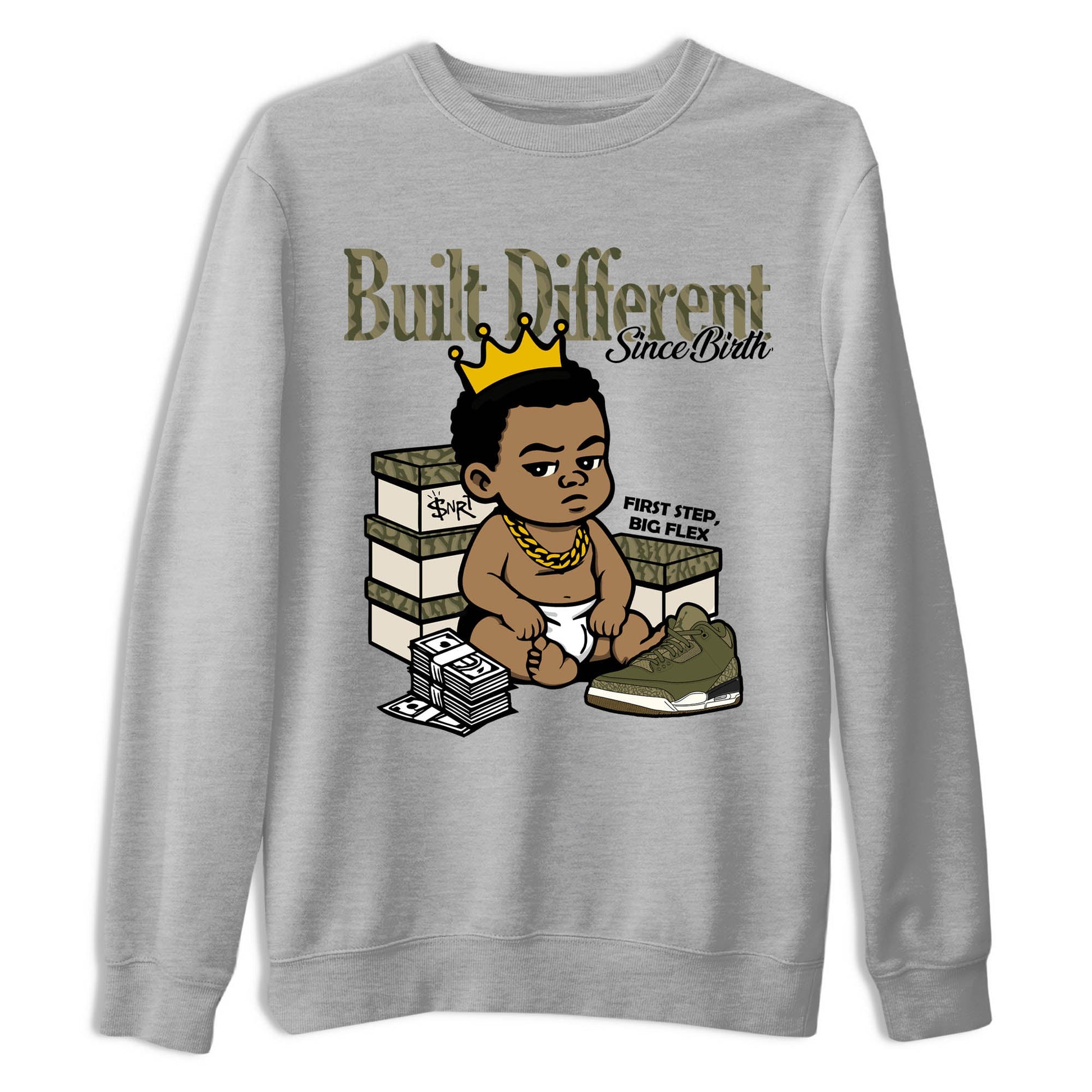 Sneaker Threads – Sneaker Tees To Match Air Jordan 3 Medium Olive – Built Different Since Birth Graphic Tee Heather Grey 2. Perfect for Jordan releases 2025 colorways.