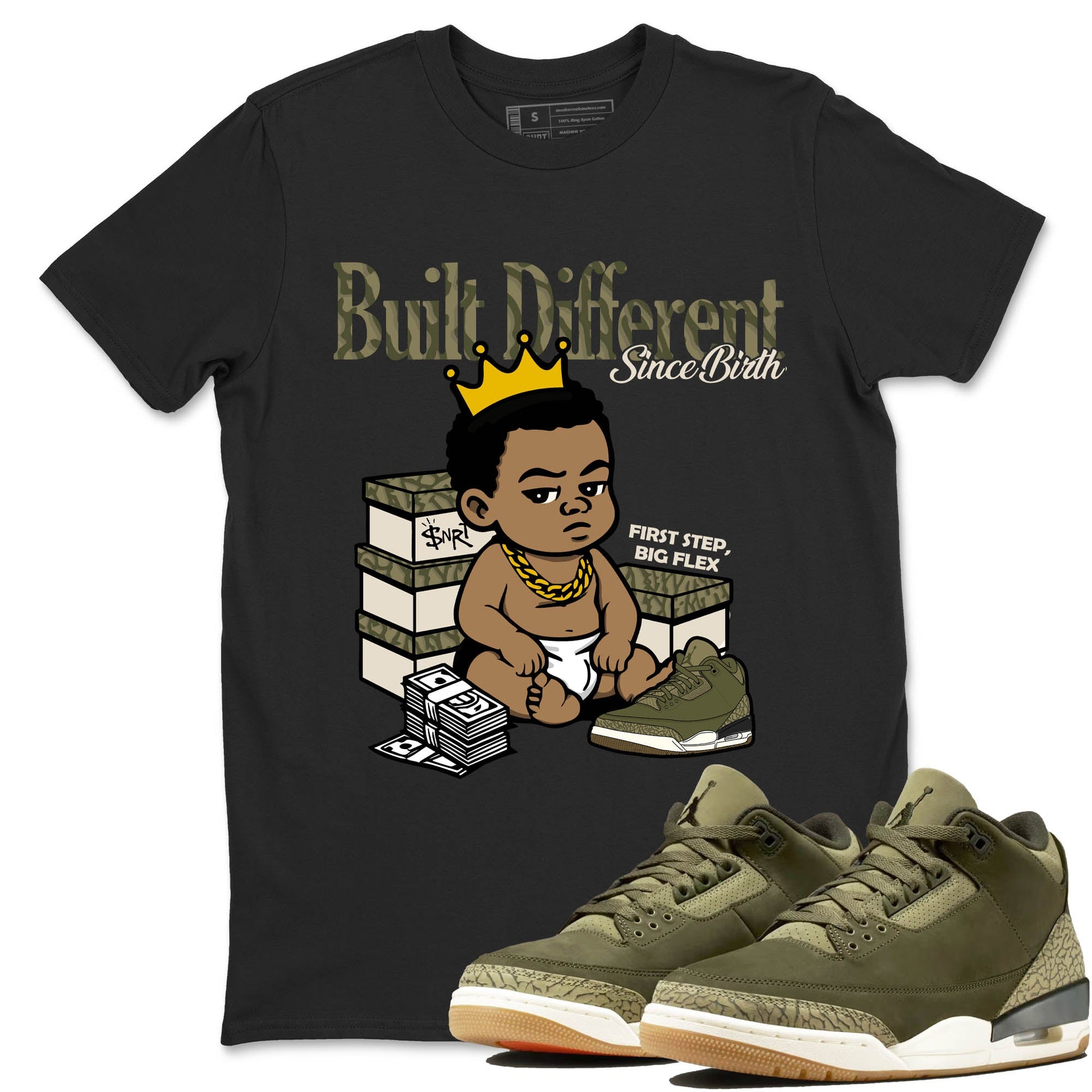 Sneaker Threads – Sneaker Tees To Match Air Jordan 3 Medium Olive – Built Different Since Birth Graphic Tee Black 1. Perfect for Jordan releases 2025 colorways.