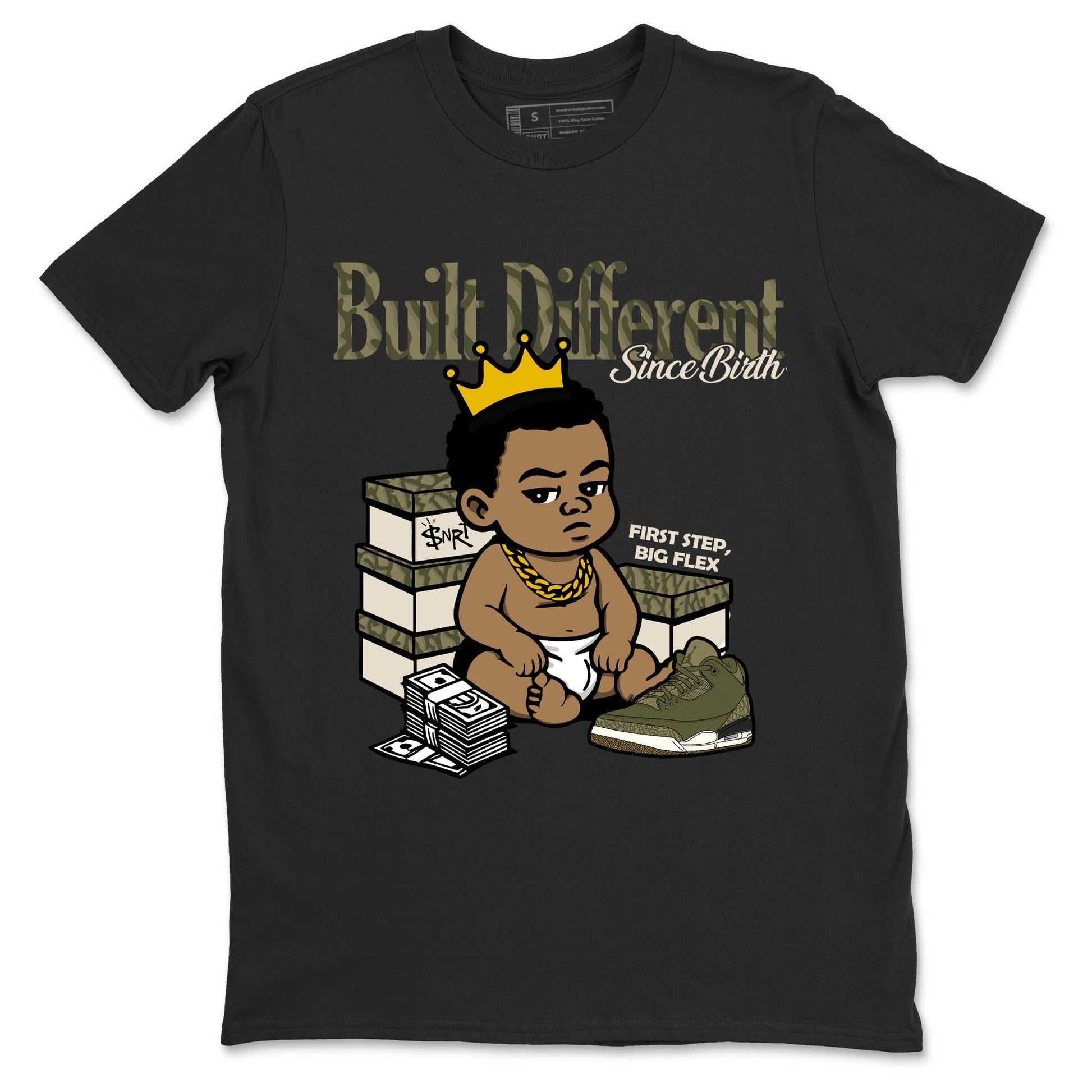Sneaker Threads – Sneaker Tees To Match Air Jordan 3 Medium Olive – Built Different Since Birth Graphic Tee Black 2. Perfect for Jordan releases 2025 colorways.