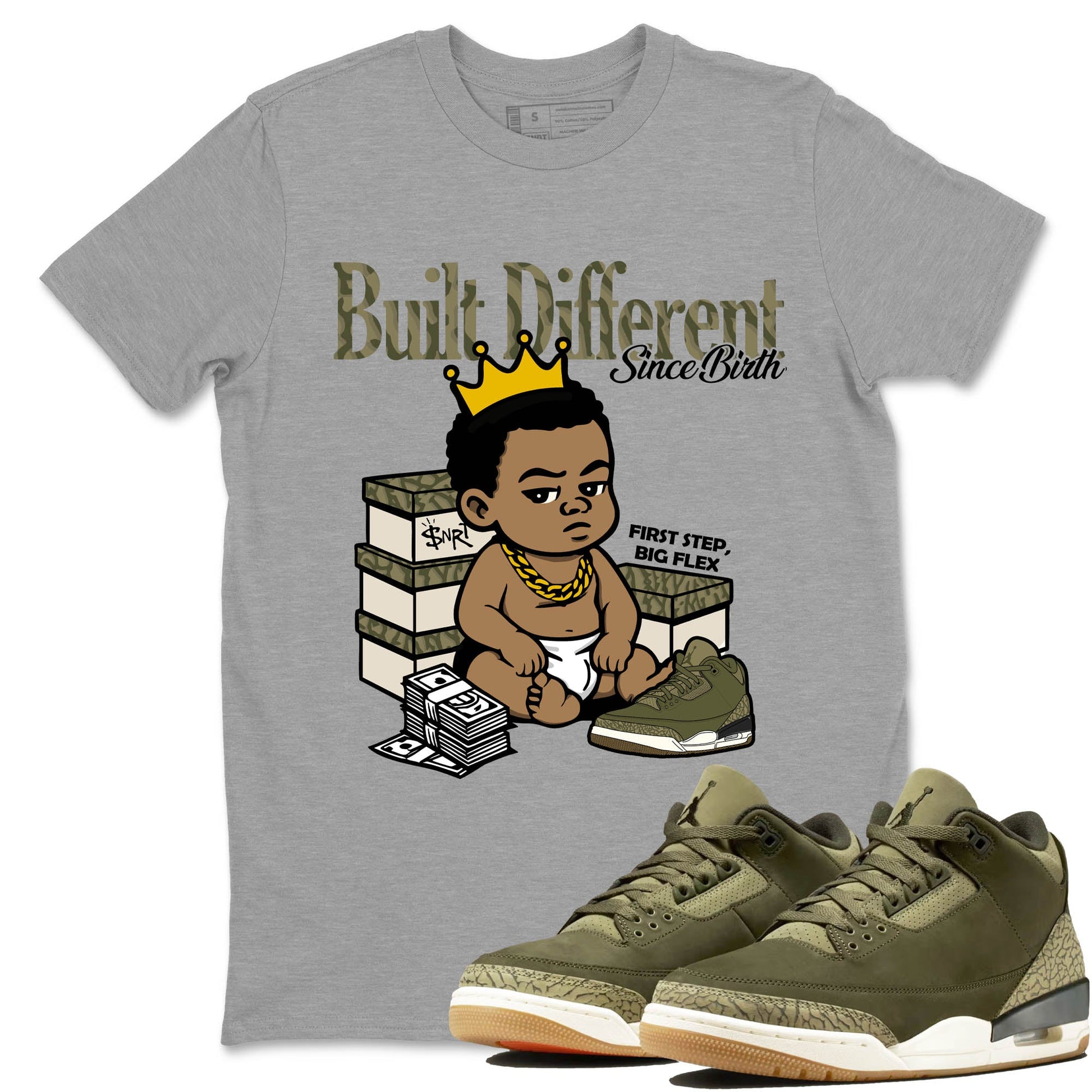Sneaker Threads – Sneaker Tees To Match Air Jordan 3 Medium Olive – Built Different Since Birth Graphic Tee Heather Grey 1. Perfect for Jordan releases 2025 colorways.