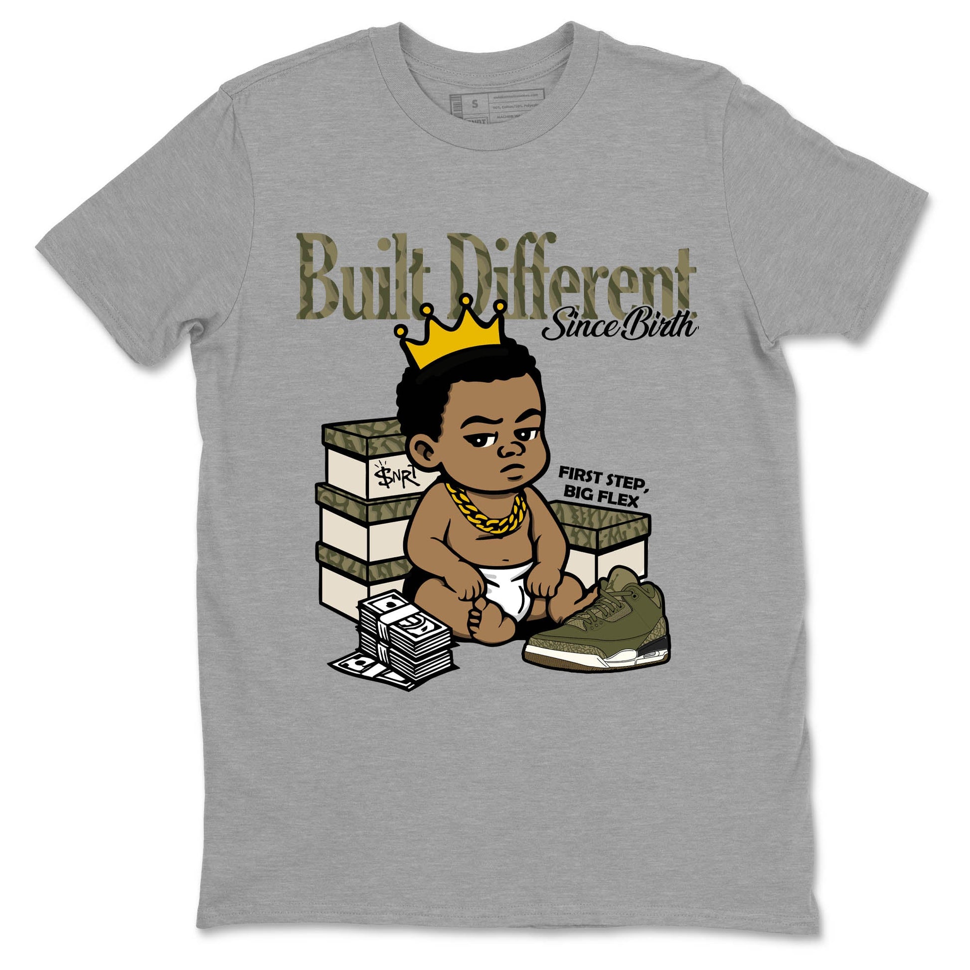 Sneaker Threads – Sneaker Tees To Match Air Jordan 3 Medium Olive – Built Different Since Birth Graphic Tee Heather Grey 2. Perfect for Jordan releases 2025 colorways.