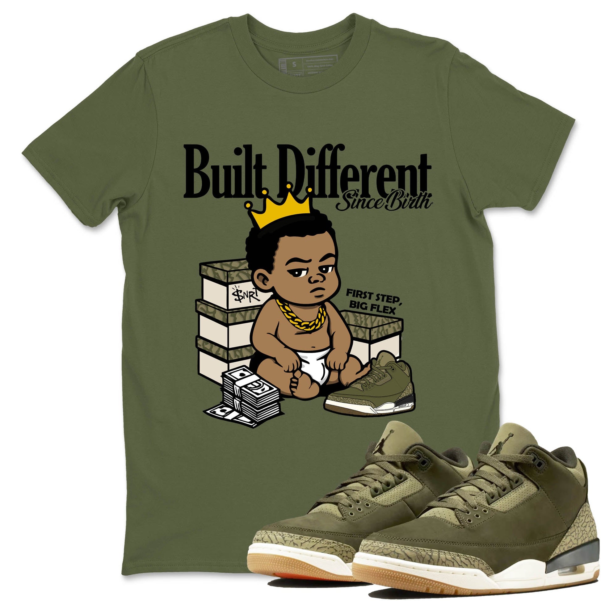 Sneaker Threads – Sneaker Tees To Match Air Jordan 3 Medium Olive – Built Different Since Birth Graphic Tee Military Green 1. Perfect for Jordan releases 2025 colorways.