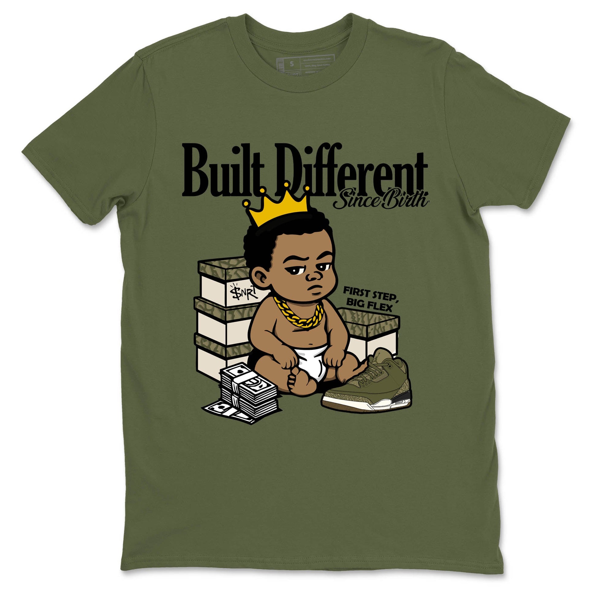Sneaker Threads – Sneaker Tees To Match Air Jordan 3 Medium Olive – Built Different Since Birth Graphic Tee Military Green 2. Perfect for Jordan releases 2025 colorways.