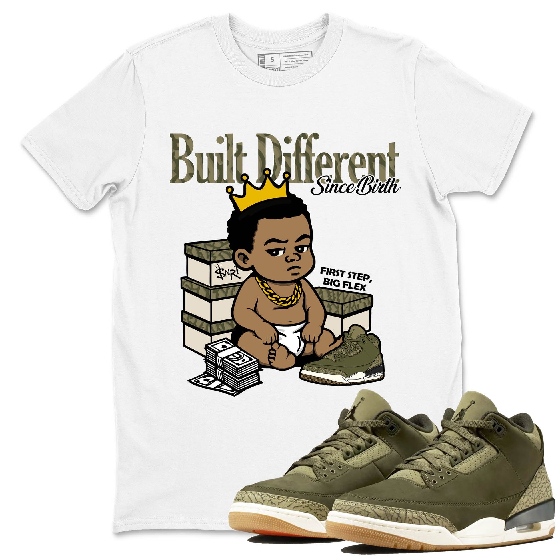 Sneaker Threads – Sneaker Tees To Match Air Jordan 3 Medium Olive – Built Different Since Birth Graphic Tee White 1. Perfect for Jordan releases 2025 colorways.