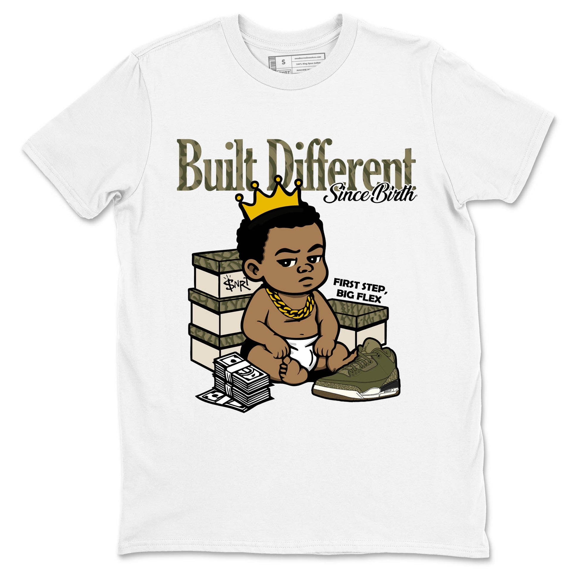 Sneaker Threads – Sneaker Tees To Match Air Jordan 3 Medium Olive – Built Different Since Birth Graphic Tee White 2. Perfect for Jordan releases 2025 colorways.