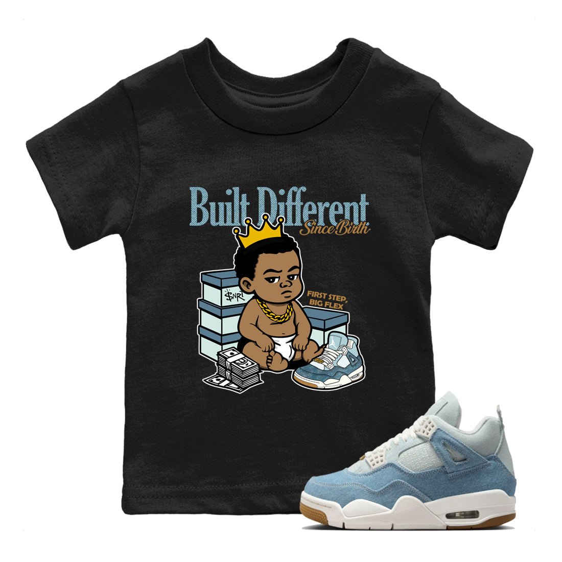 Sneaker match tees – Sneaker Tees To Match 4s Worn Blue Air Jordan 4 Denim Shoes – Built Different Since Birth Kids T-Shirt Black 1
