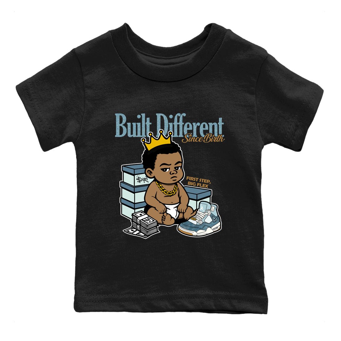 Sneaker match tees – Sneaker Tees To Match 4s Worn Blue Air Jordan 4 Denim Shoes – Built Different Since Birth Kids T-Shirt Black 2